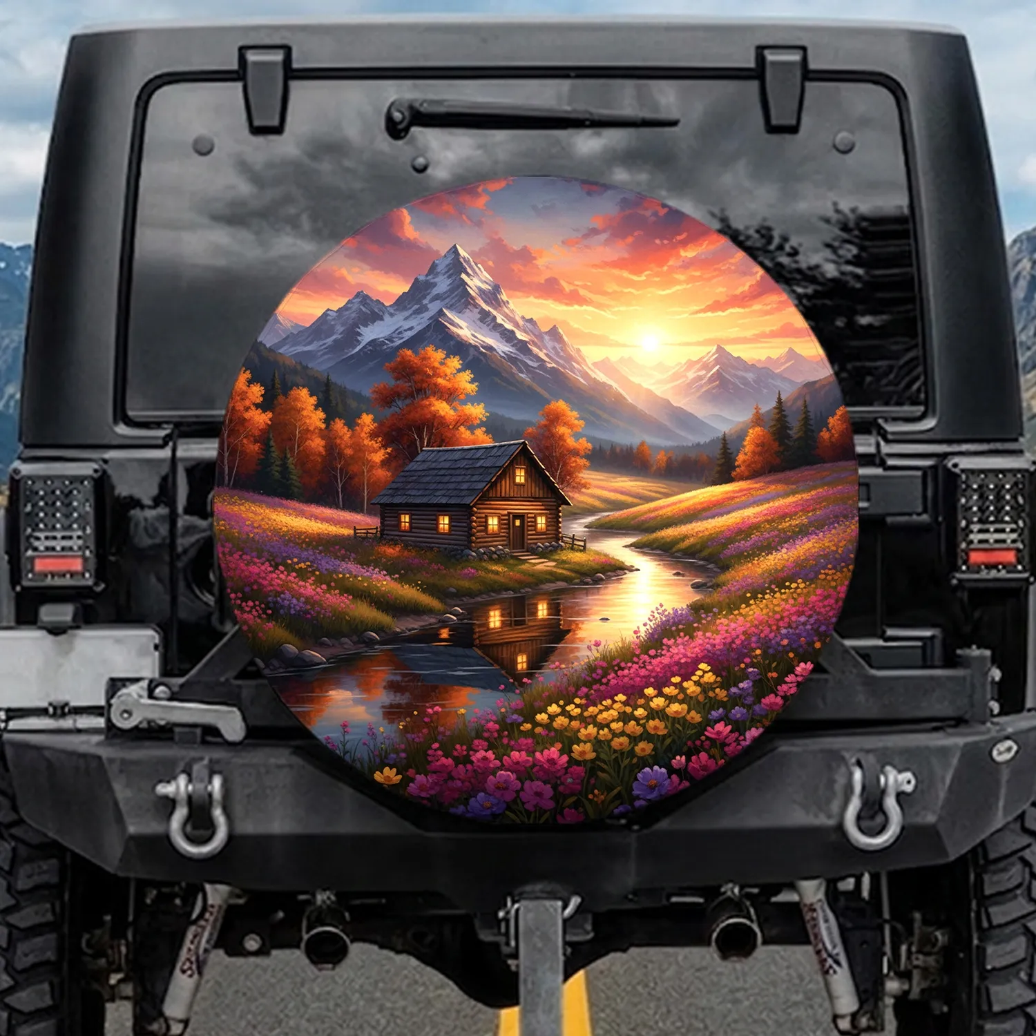Rustic Cabin River Wildflowers Snow Mountains - Outdoor Adventure Gift for Nature Lovers Spare Tire Cover - 1