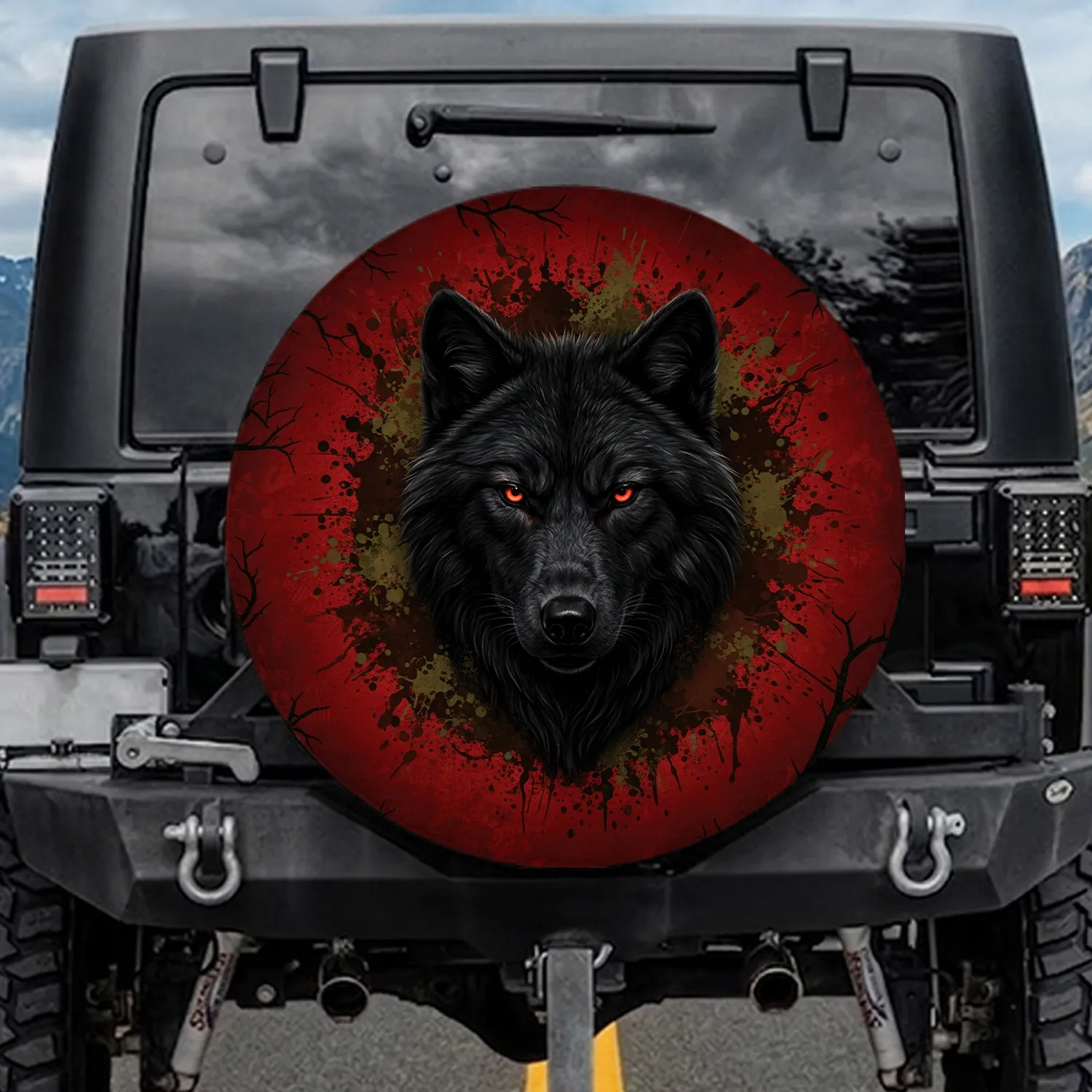 Majestic Black Wolf Red Eyes Gnarled Branches Mud - Wildlife Lover Gift for Outdoorsman Spare Tire Cover - 1