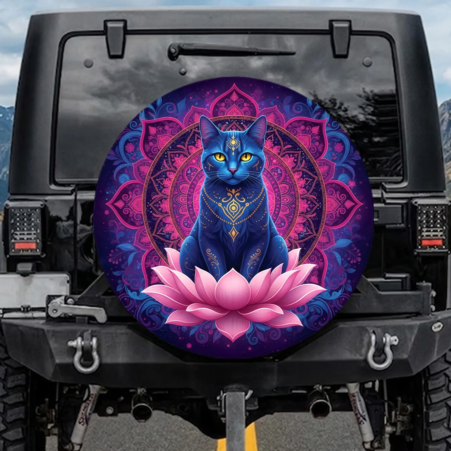 Indigo Blue Cat Lotus Mandala Celestial Paisley Flora - Meditative Yoga Lifestyle Gift Spare Tire Cover - 1
