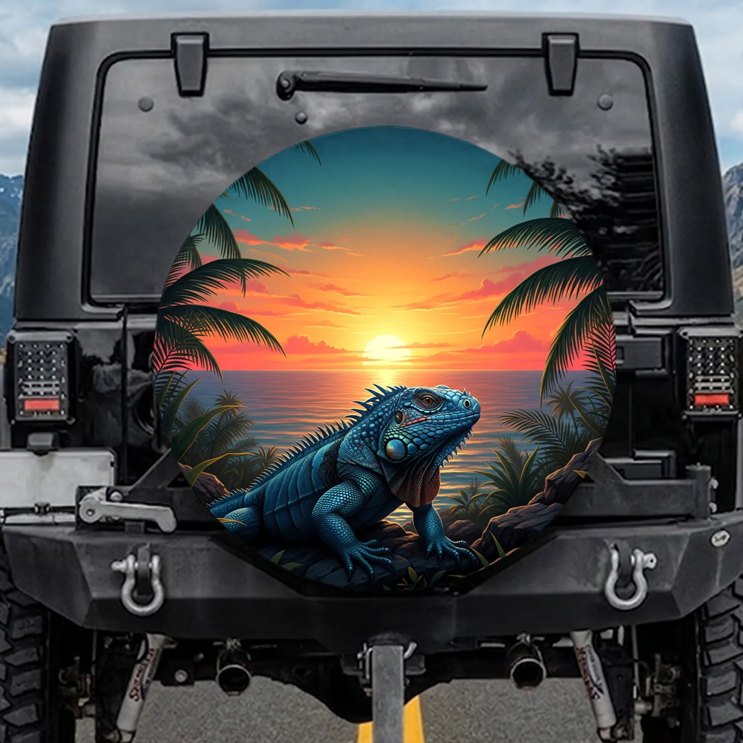 Tropical Blue Iguana Fiery Sunset Ocean Palm Scene - Wildlife Lover Gift Spare Tire Cover - 1