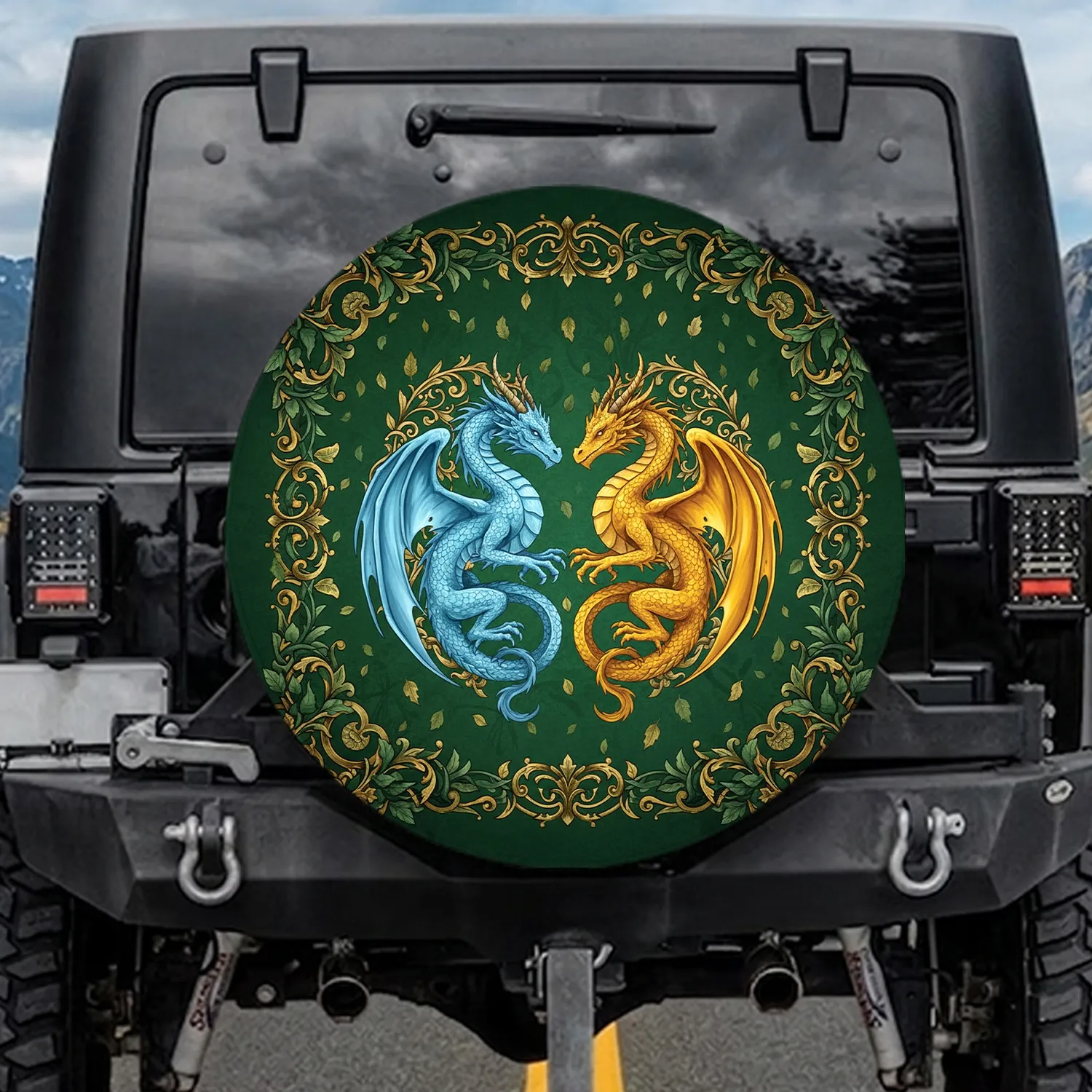 Dragon Scrollwork Foliage - Fantasy Lover Gift for Dragon Fan Spare Tire Cover - 1