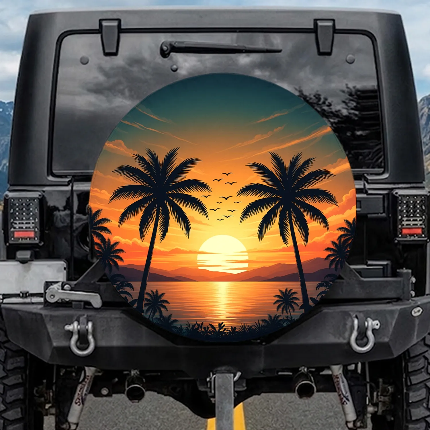 Sunset Palm Tree Tropical Ocean Mountains - Travel Essentials for Beach Lovers Spare Tire Cover - 1