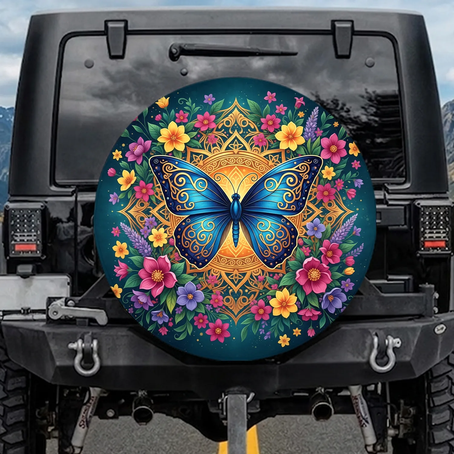 Blue Butterfly Golden Celtic Knot Mandala Flowers - Nature Lover Home Decor Gift Spare Tire Cover - 1