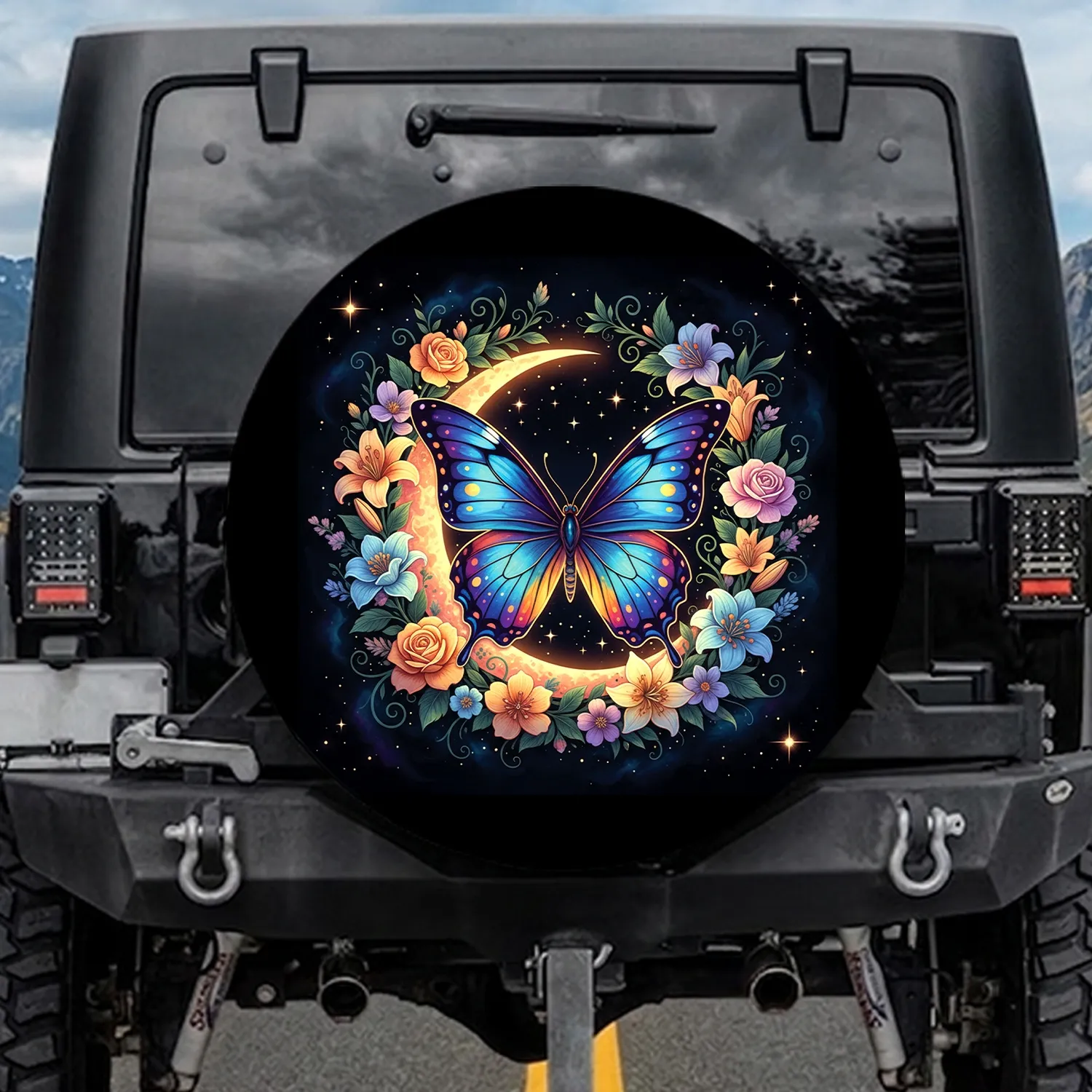 Intricate Butterfly Crescent Moon Flowering Blossoms - Celestial Lover Gift Spare Tire Cover - 1