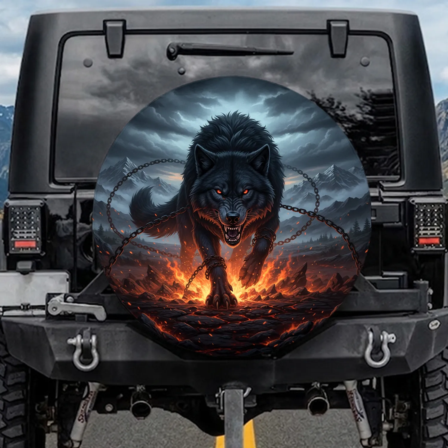 Chained Wolf Fiery Volcanic Landscape - Wildlife Lover Gift Spare Tire Cover - 1