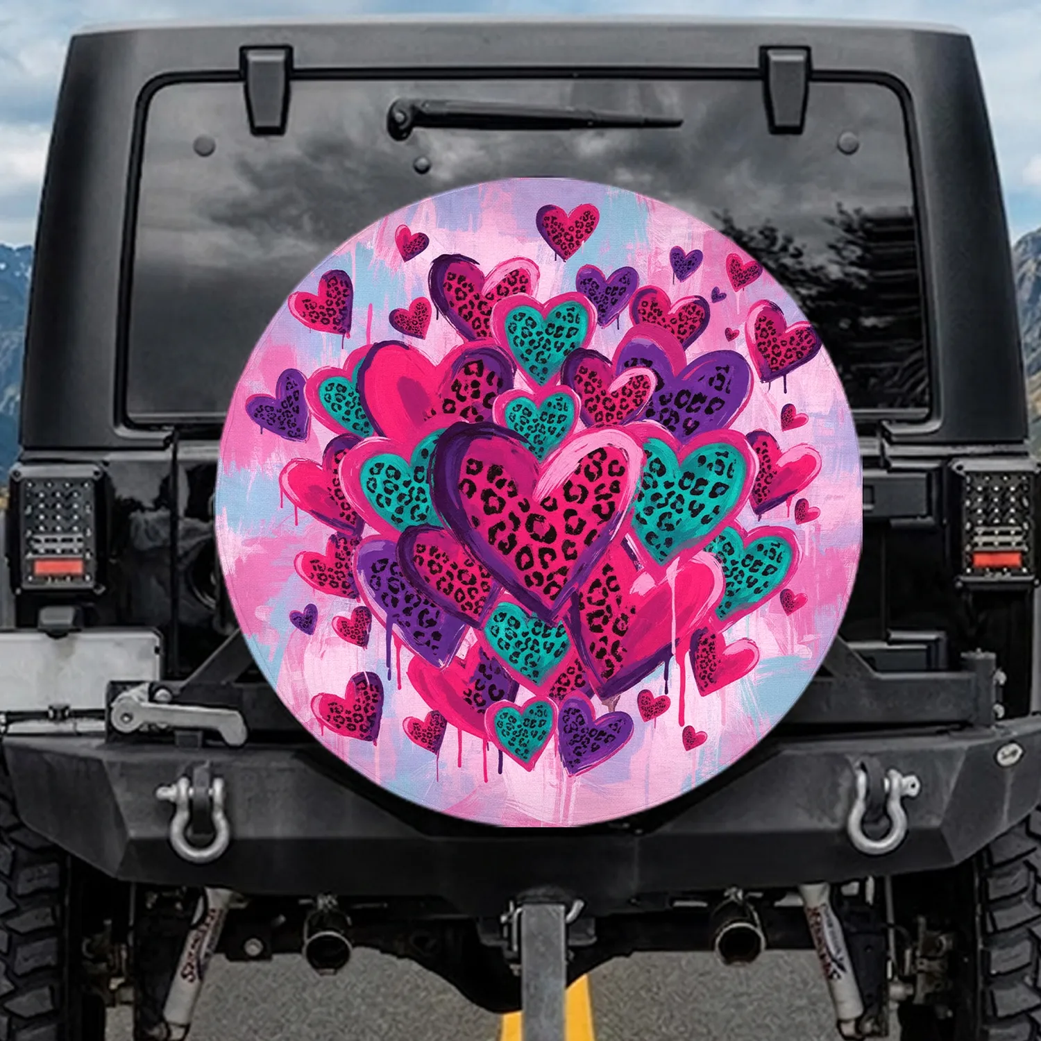 Scattered Overlapping Hearts Distressed Leopard Spots Grunge - Home Decor Gift Spare Tire Cover - 1