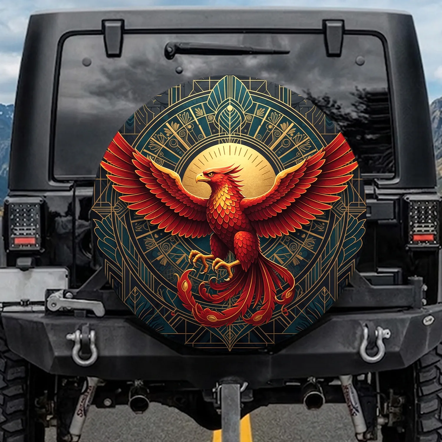 Majestic Flying Eagle Sun Feather Art Deco Concentric - Outdoor Adventure Gift Spare Tire Cover - 1