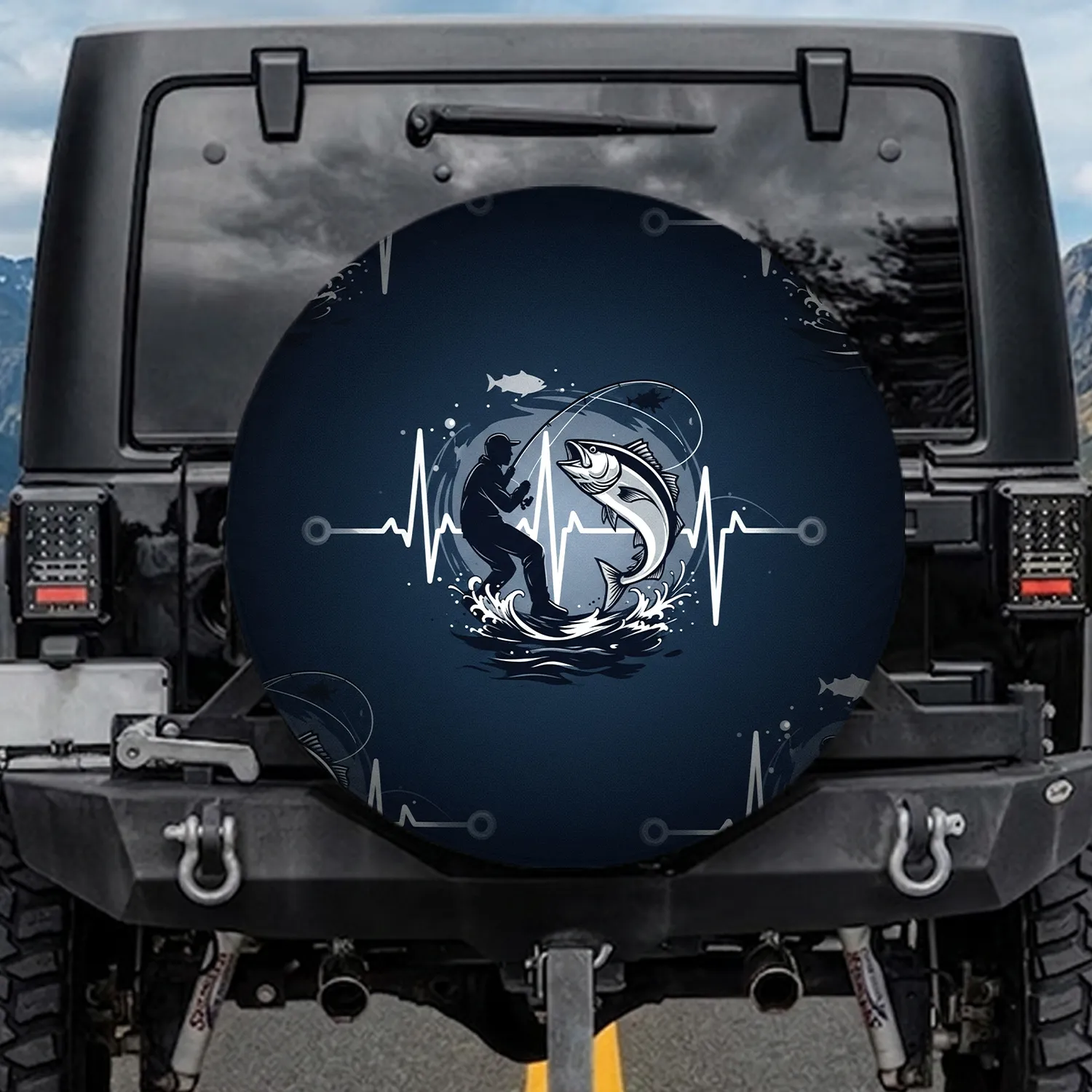 Fisherman Reeling Leaping Fish Heartbeat - Fishing Enthusiast Gift Spare Tire Cover - 1