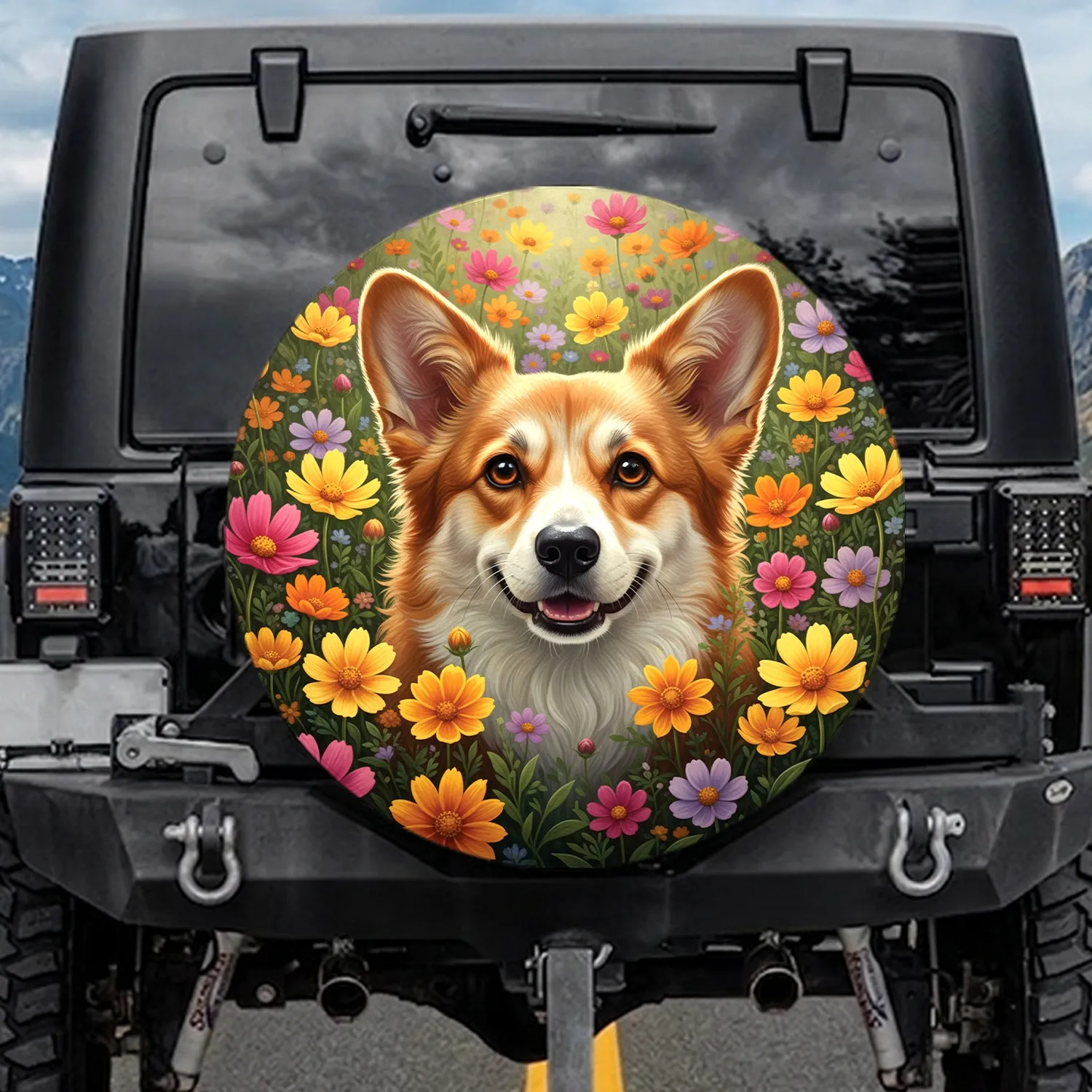 Corgi Face Wildflower Garden Cosmos Daisy - Home Decor Gift for Dog Lover Spare Tire Cover - 1