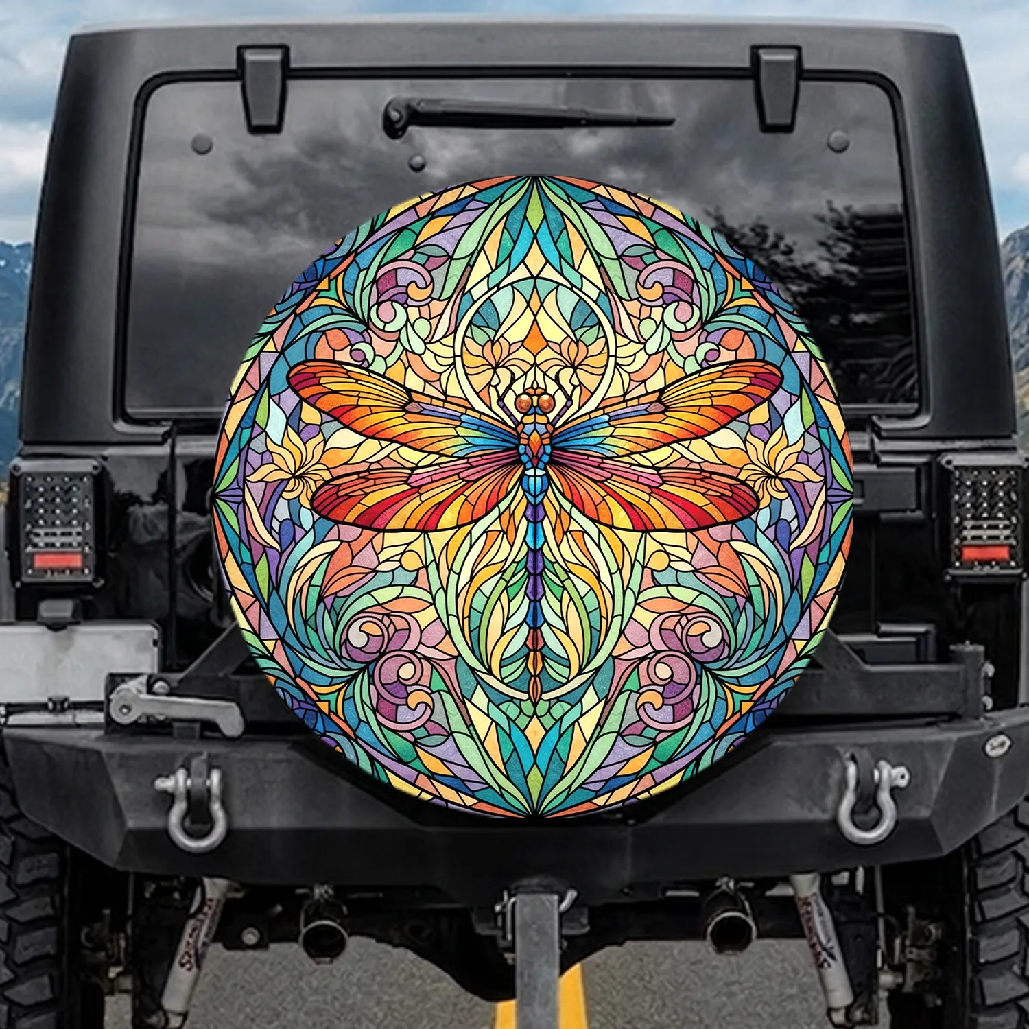 Iridescent Stained Glass Dragonfly Floral Geometric Glass Fragments - Home Decor Gift Spare Tire Cover - 1