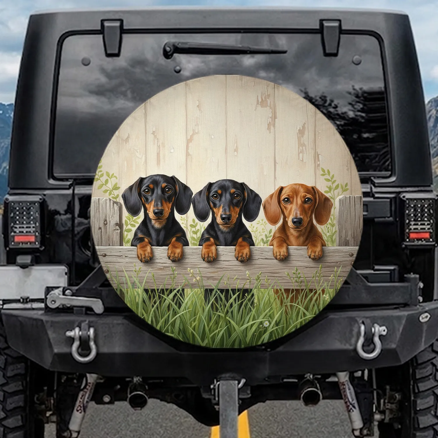 Three Dachshund Dogs Peeking Over Rustic Wooden Fence - Dog Lover Home Decor Gift Spare Tire Cover - 1