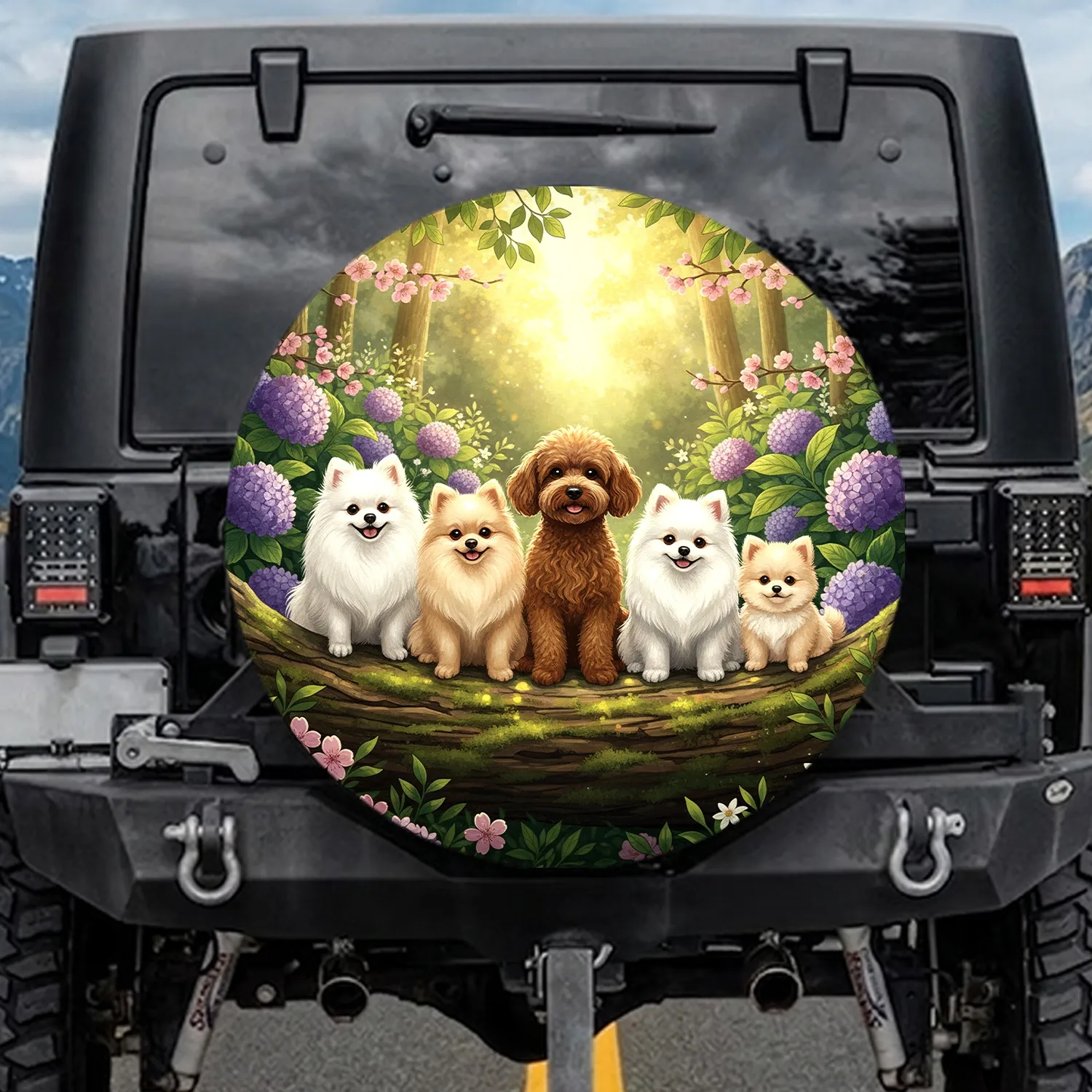 Fluffy Dogs Tree Branch Forest - Dog Lover Car Accessory Gift Spare Tire Cover - 1
