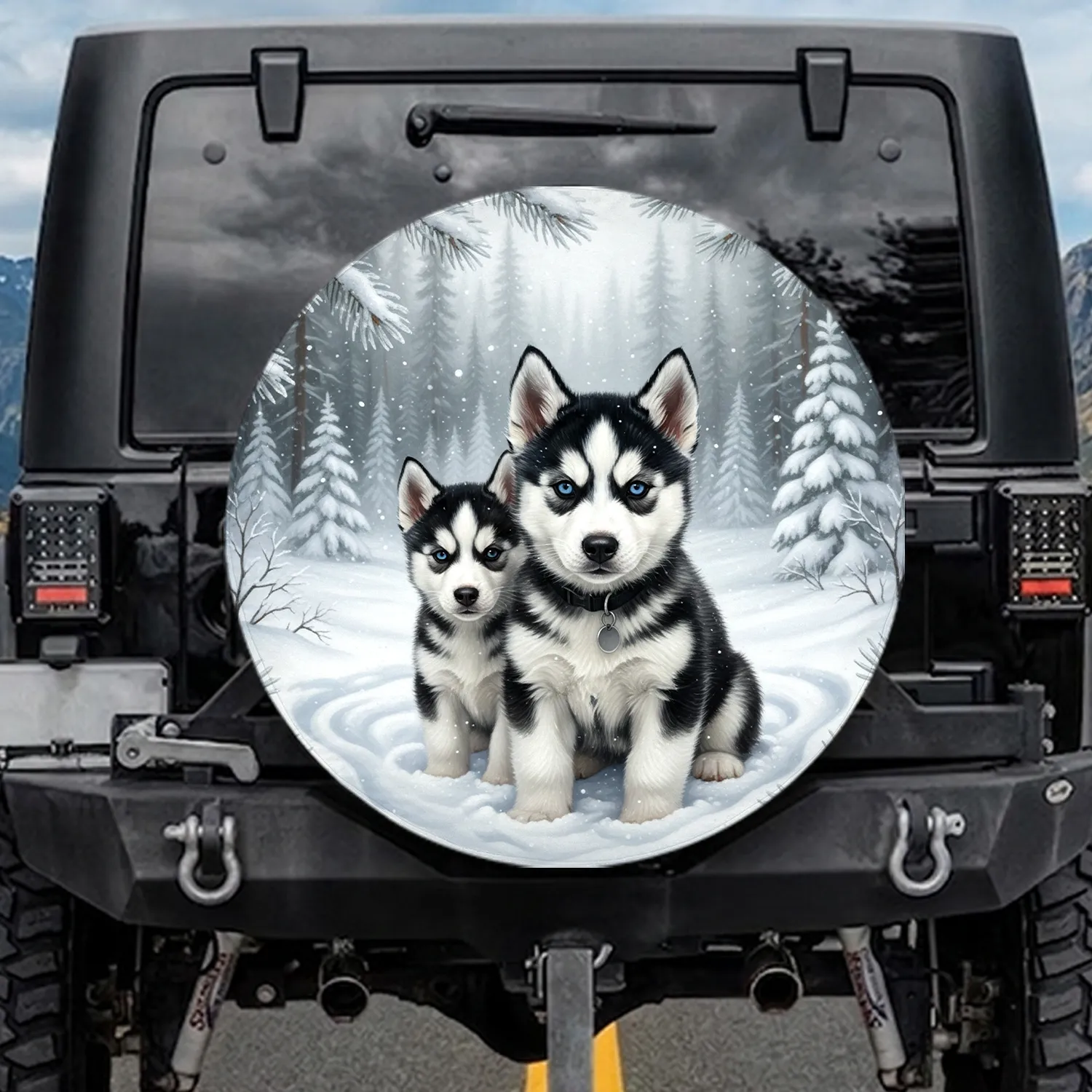 Husky Puppies Winter Forest Snowscape - Cold Weather Decor Gift for Dog Owners Spare Tire Cover - 1
