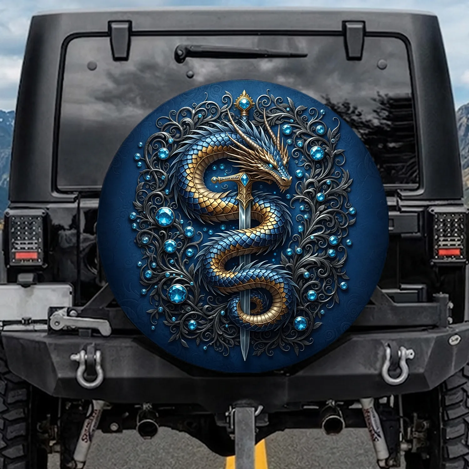 Serpentine Dragon Broadsword Antique Filigree - Home Decor Gift for Dragon Lover Spare Tire Cover - 1