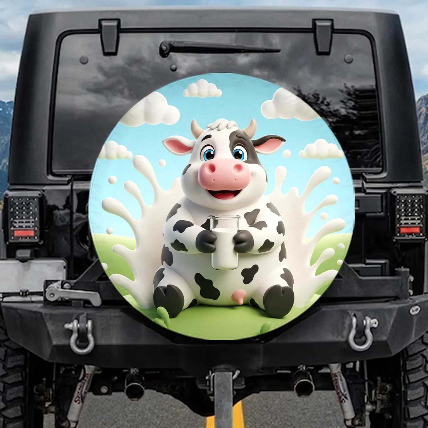 Plump Cartoon Cow Milk Beaker Farm Pasture - Farmhouse Decor Cow Lover Gift Spare Tire Cover - 1