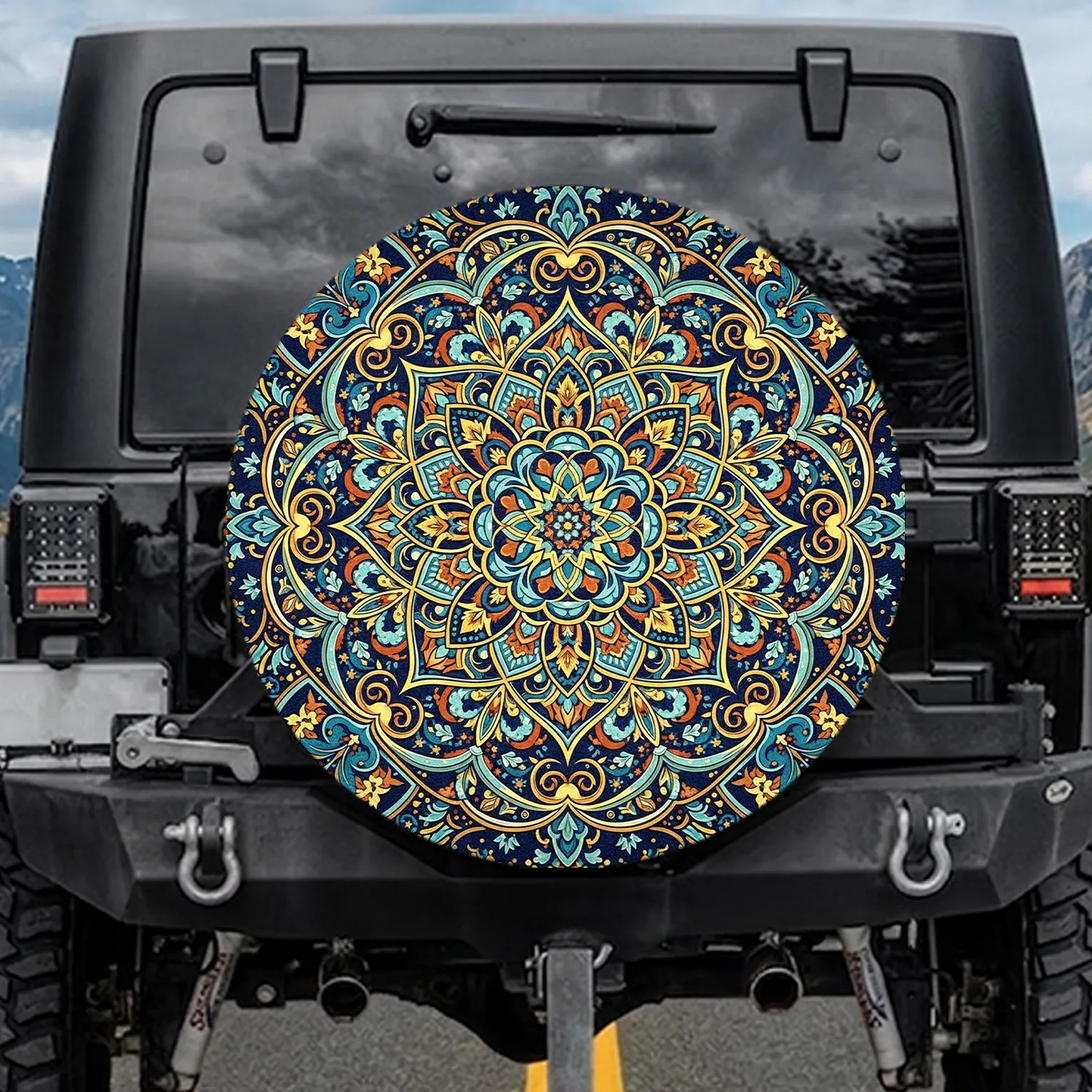 Radiant Mandala Floral Starburst Mediterranean Tile Scrollwork - Home Decor Gift Spare Tire Cover - 1