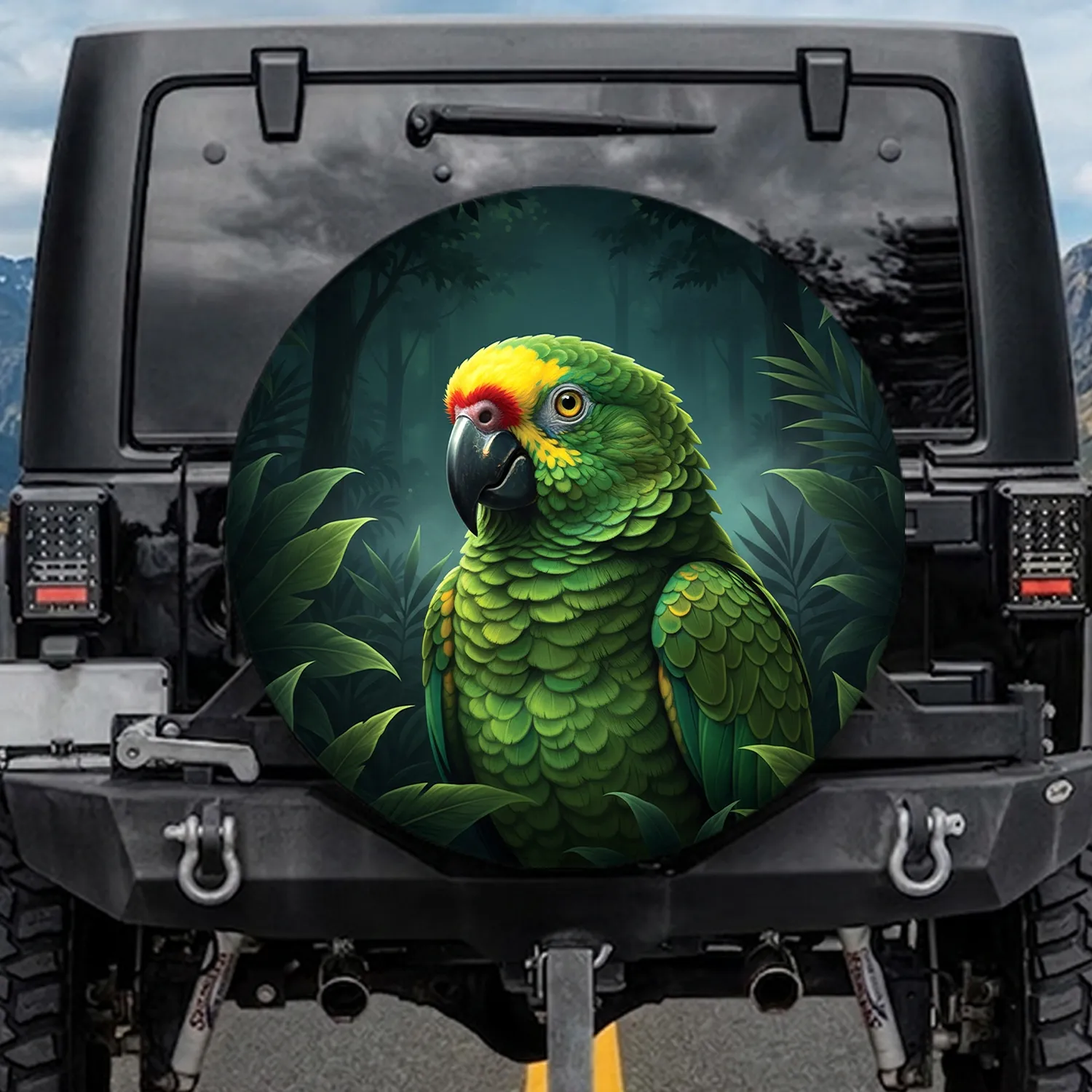Vibrant Green Parrot Tropical Jungle Foliage - Wildlife Lover Home Decor Gift Spare Tire Cover - 1