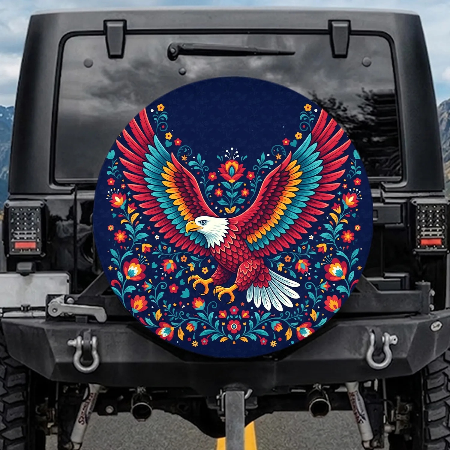 Majestic Bald Eagle Floral Leaves Tendrils Hearts Stars - Nature Lover Gift Spare Tire Cover - 1