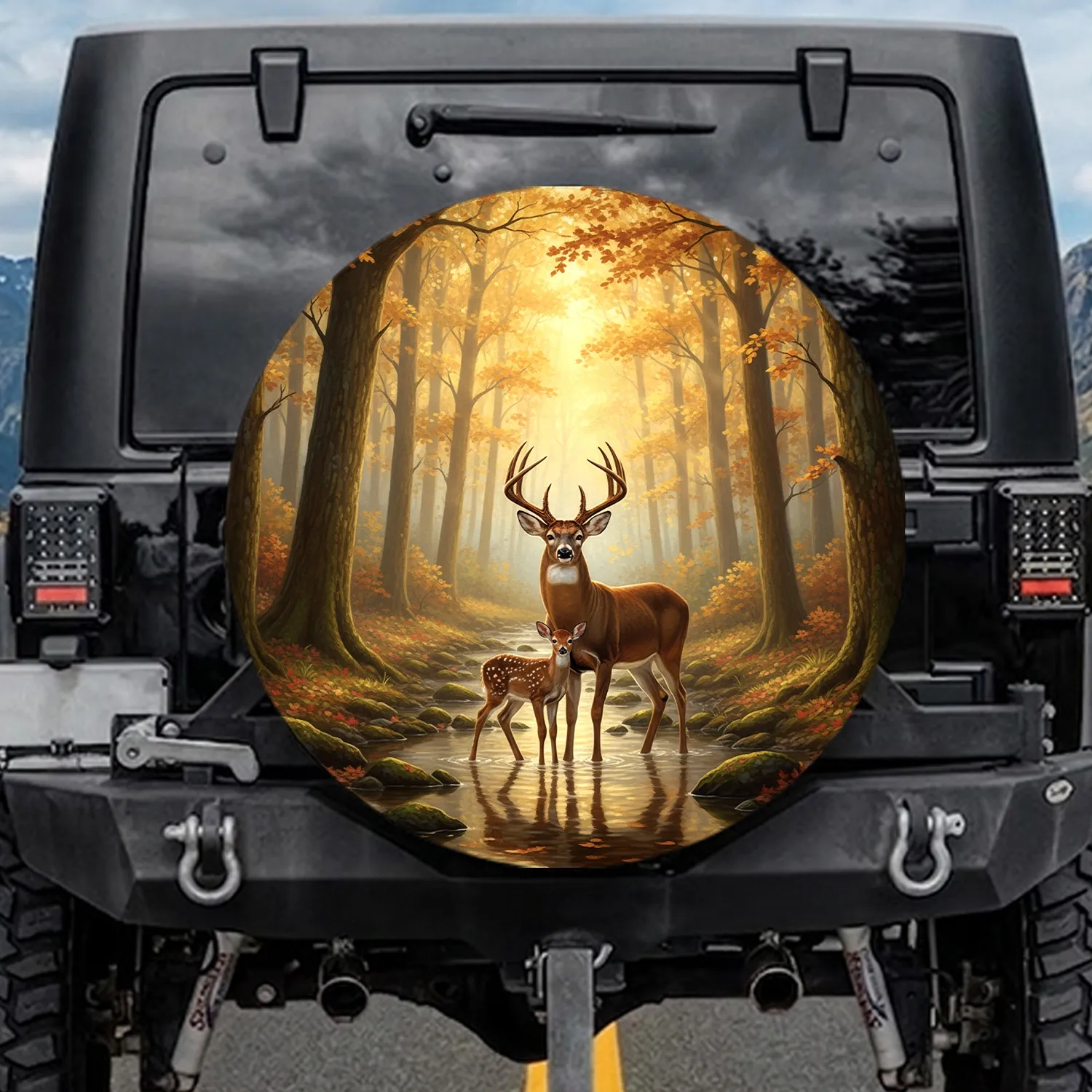 White-tailed Buck Fawn Golden Autumn Forest Stream - Wildlife Lover Gift Spare Tire Cover - 1