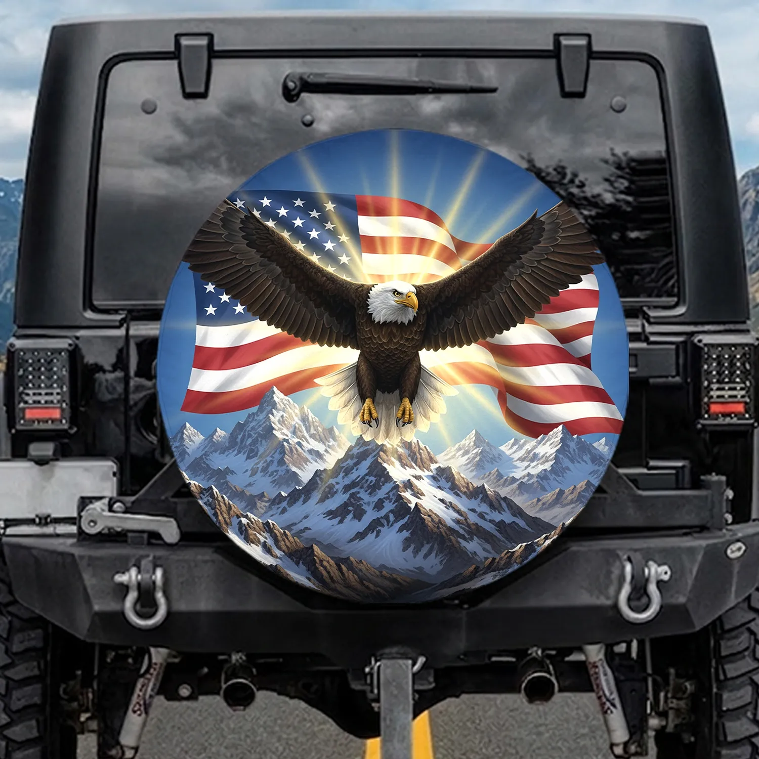 Bald Eagle American Flag Snowy Mountains - Independence Day Gift for Veterans Spare Tire Cover - 1