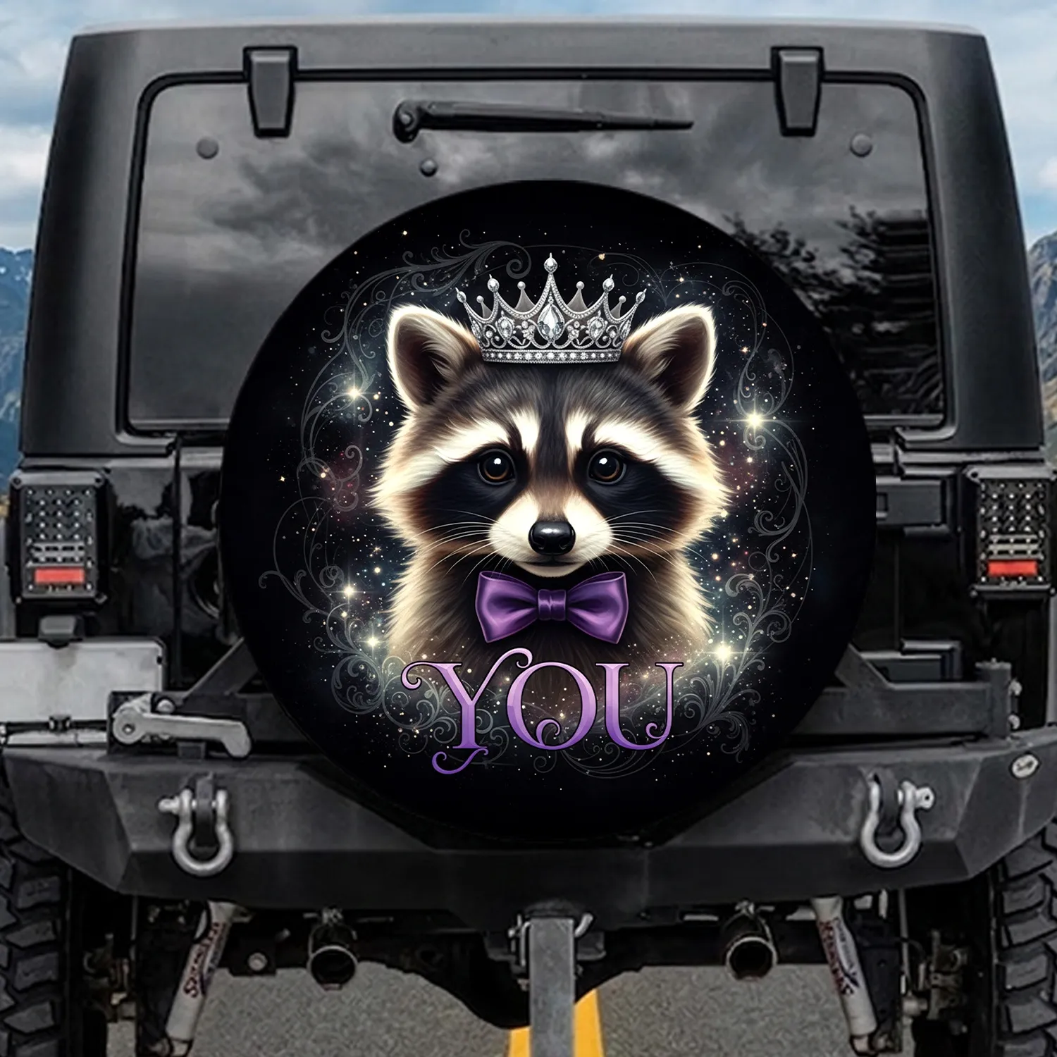 Baby Raccoon Silver Crown Purple Bow Tie YOU Cosmic Star Dust - Wildlife Lover Gift Spare Tire Cover - 1