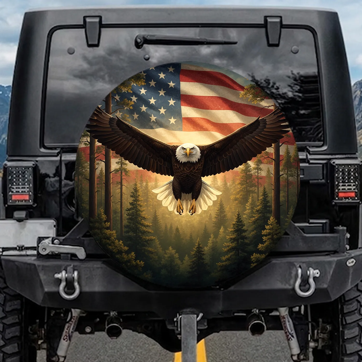Bald Eagle American Flag Pine Forest - Independence Day Gift for Veterans Spare Tire Cover - 1