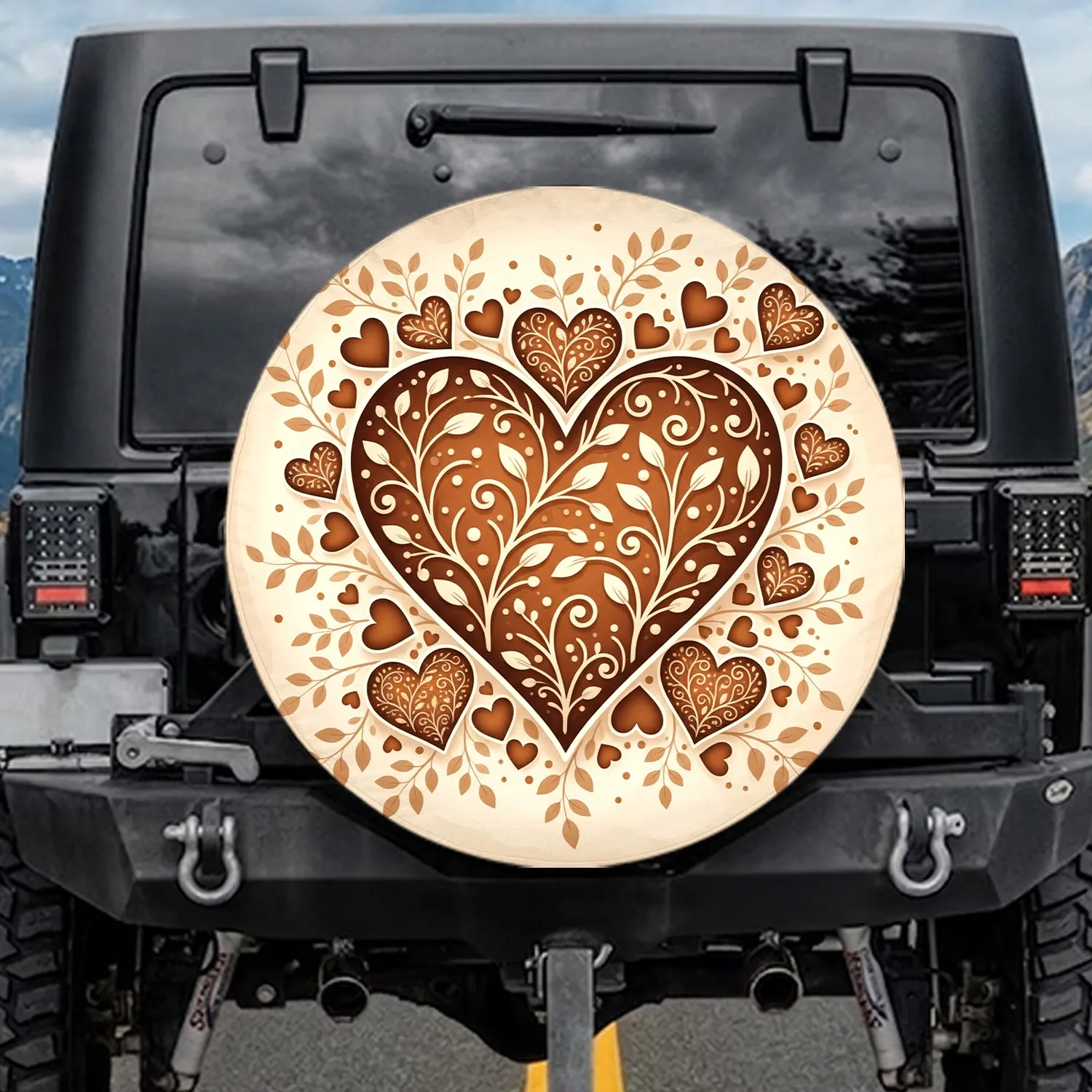 Warm Brown Cream Heart Botanical Branches Leaves - Everyday Decor Gift Spare Tire Cover - 1