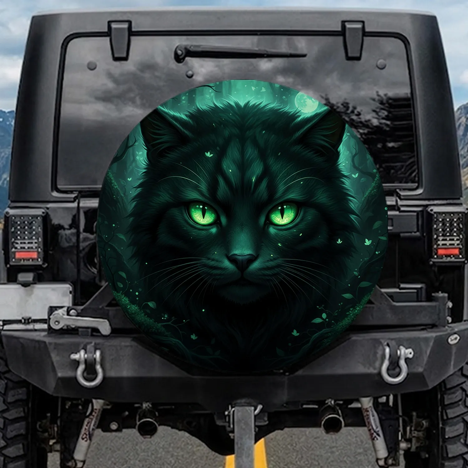 Wild Cat Emerald Green Eyes Moonlit Forest - Wildlife Lover Gift Spare Tire Cover - 1