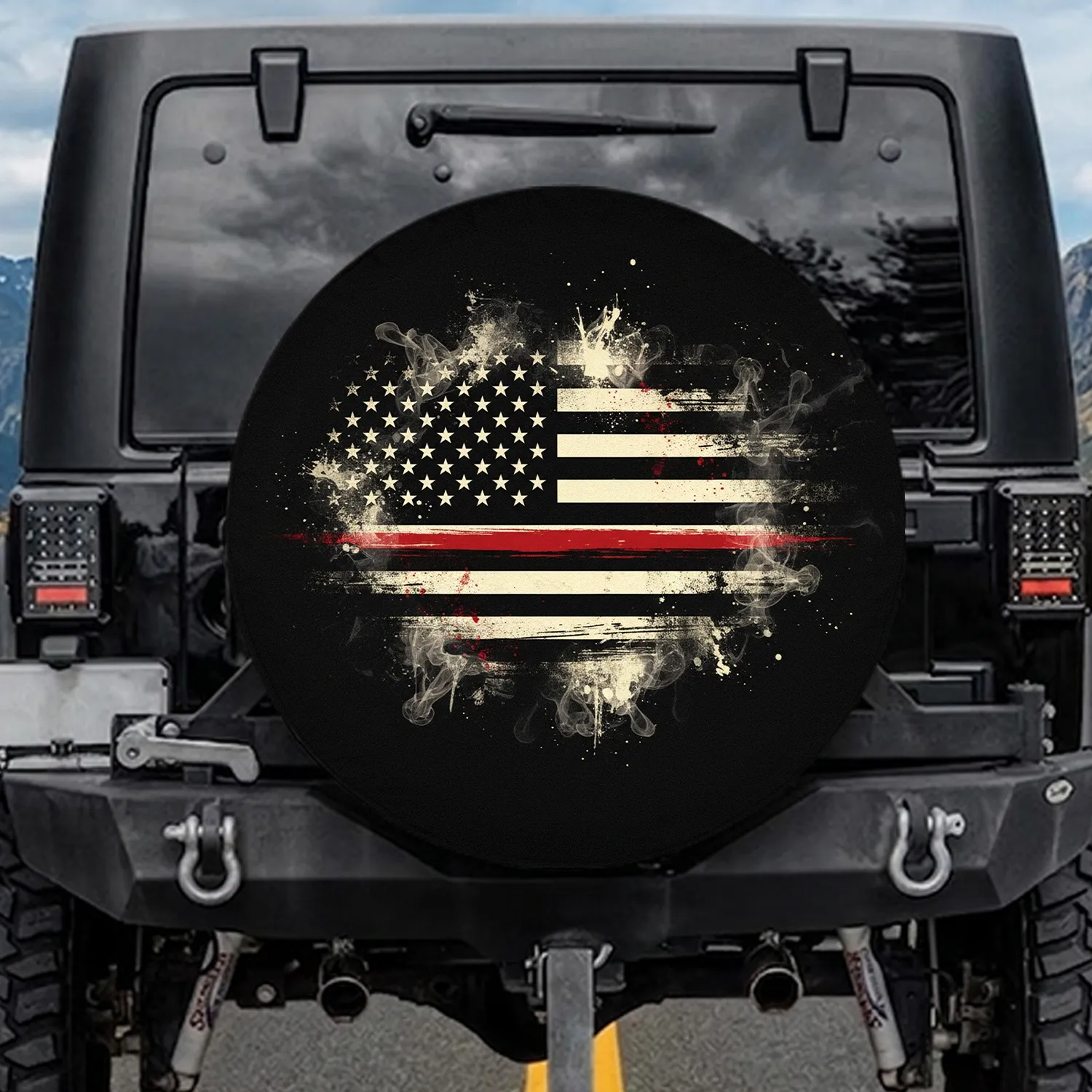 Distressed American Flag Thin Red Line Paint - Independence Day Gift for Veterans Spare Tire Cover - 1
