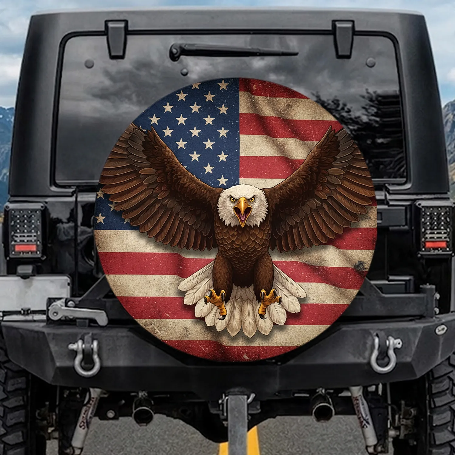 Bald Eagle Flying American Flag - Patriotic Gift for Veterans & Fathers Spare Tire Cover - 1