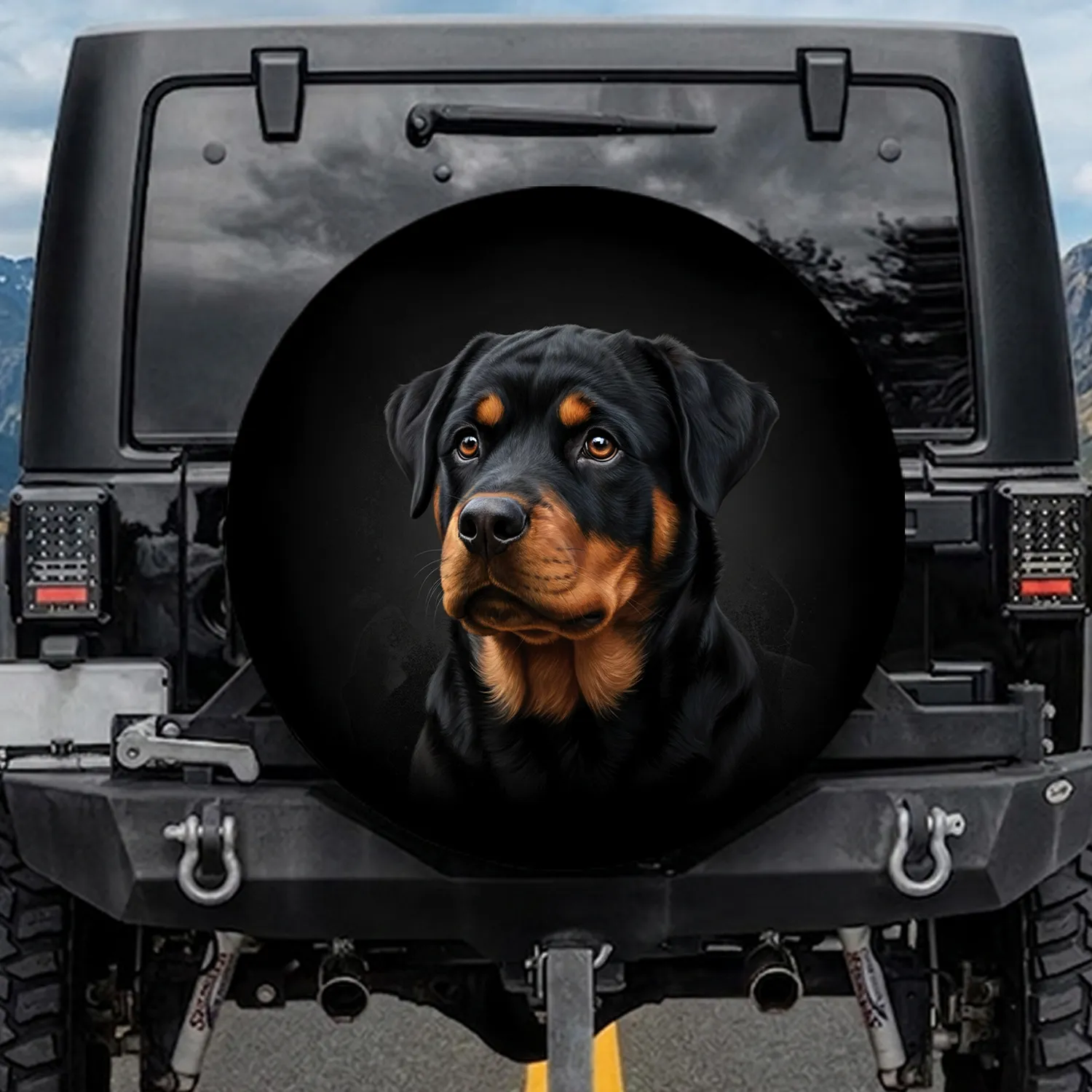Rottweiler Puppy Head Tilt Black Tan Fur Deep Black Background - Pet Owner Gift Spare Tire Cover - 1