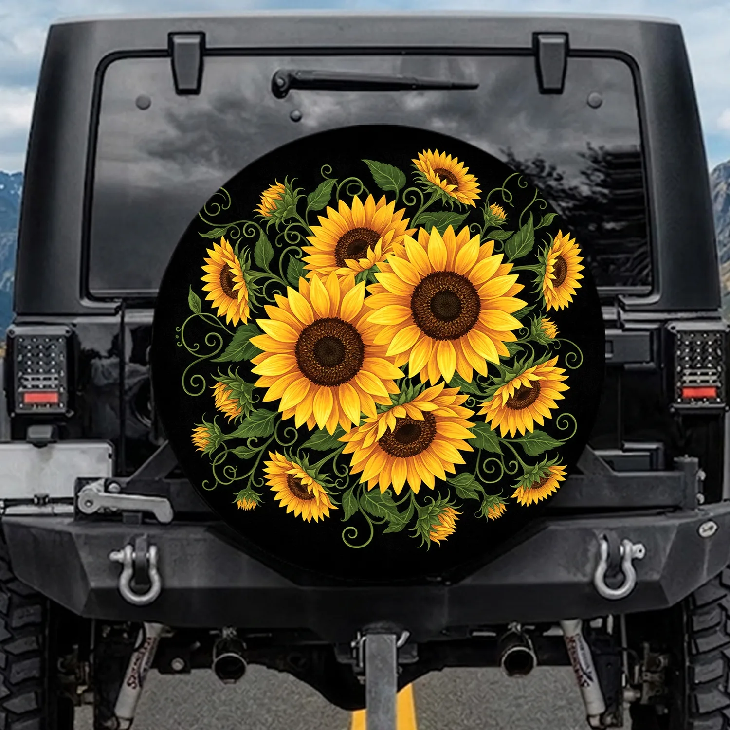 Prominent Sunflowers Black Background - Outdoor Decor Gift for Garden Lover Spare Tire Cover - 1