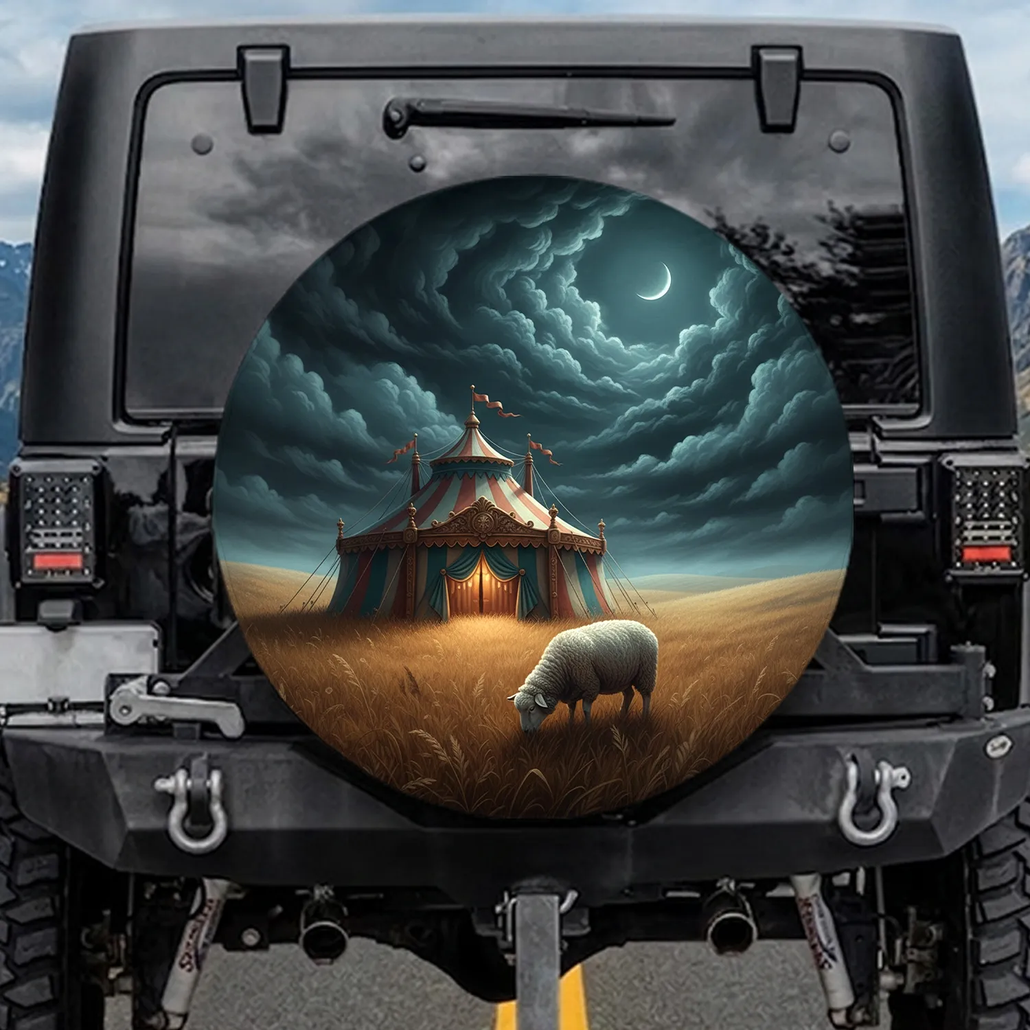 White Sheep Circus Tent Golden Field Stormy Sky - Mystery Lover Gift Spare Tire Cover - 1