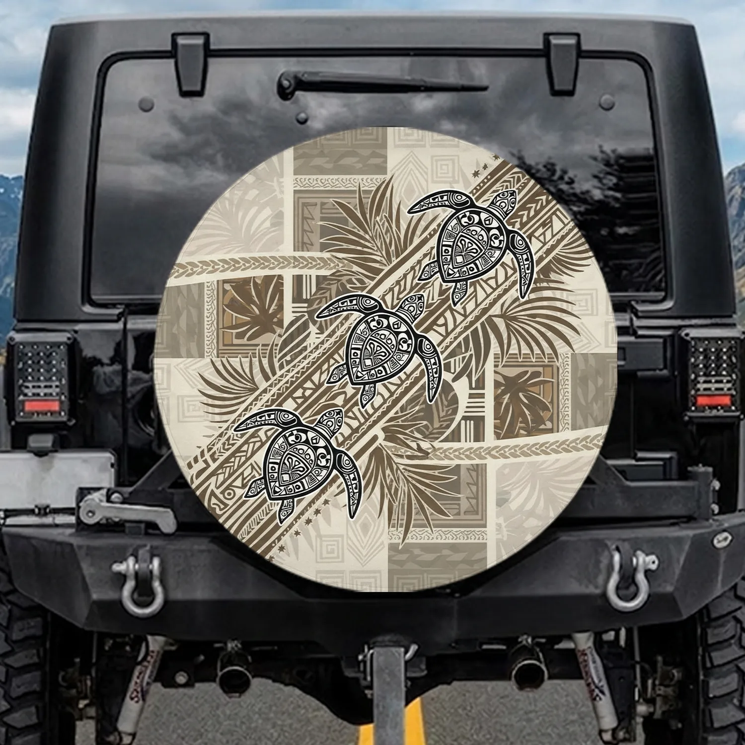 Three Polynesian Tribal Sea Turtles Palm Fronds Geometric - Ocean Lover Gift Spare Tire Cover - 1