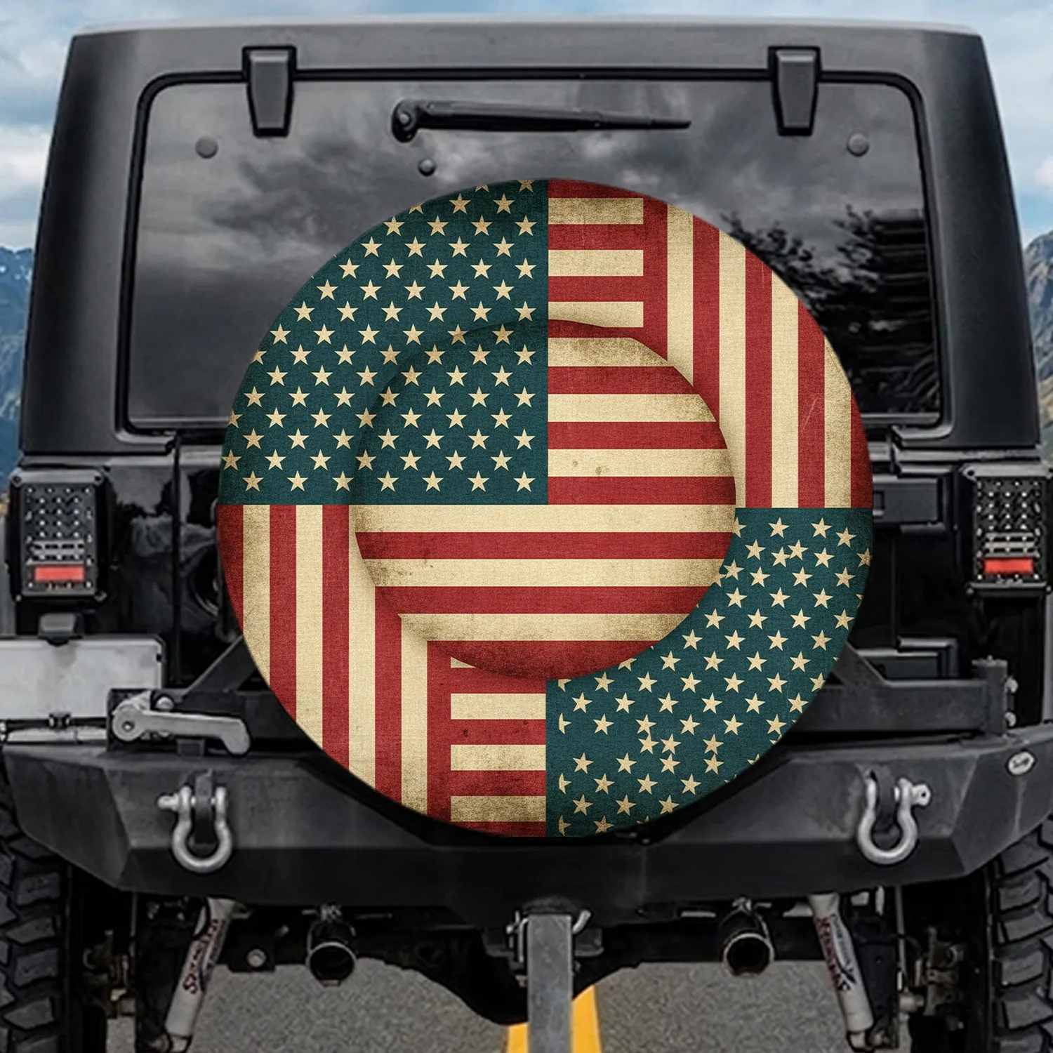 Teal Canton American Flag Aged Cream Stars - Independence Day Gift for Veterans Spare Tire Cover - 1