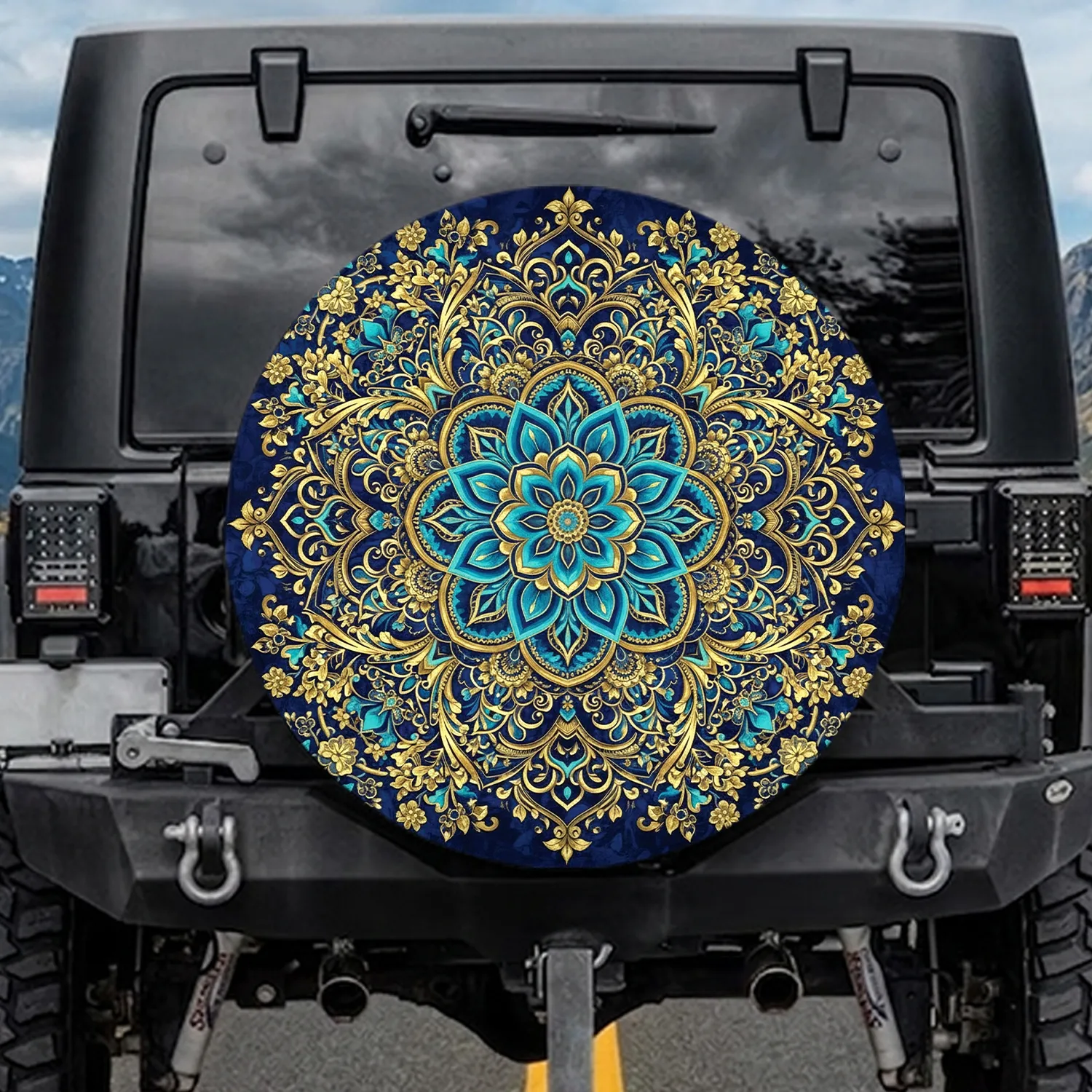 Symmetrical Floral Mandala Multi-Petaled Flower Stylized Leaves Scrollwork Vines - Home Decor Gift Spare Tire Cover - 1