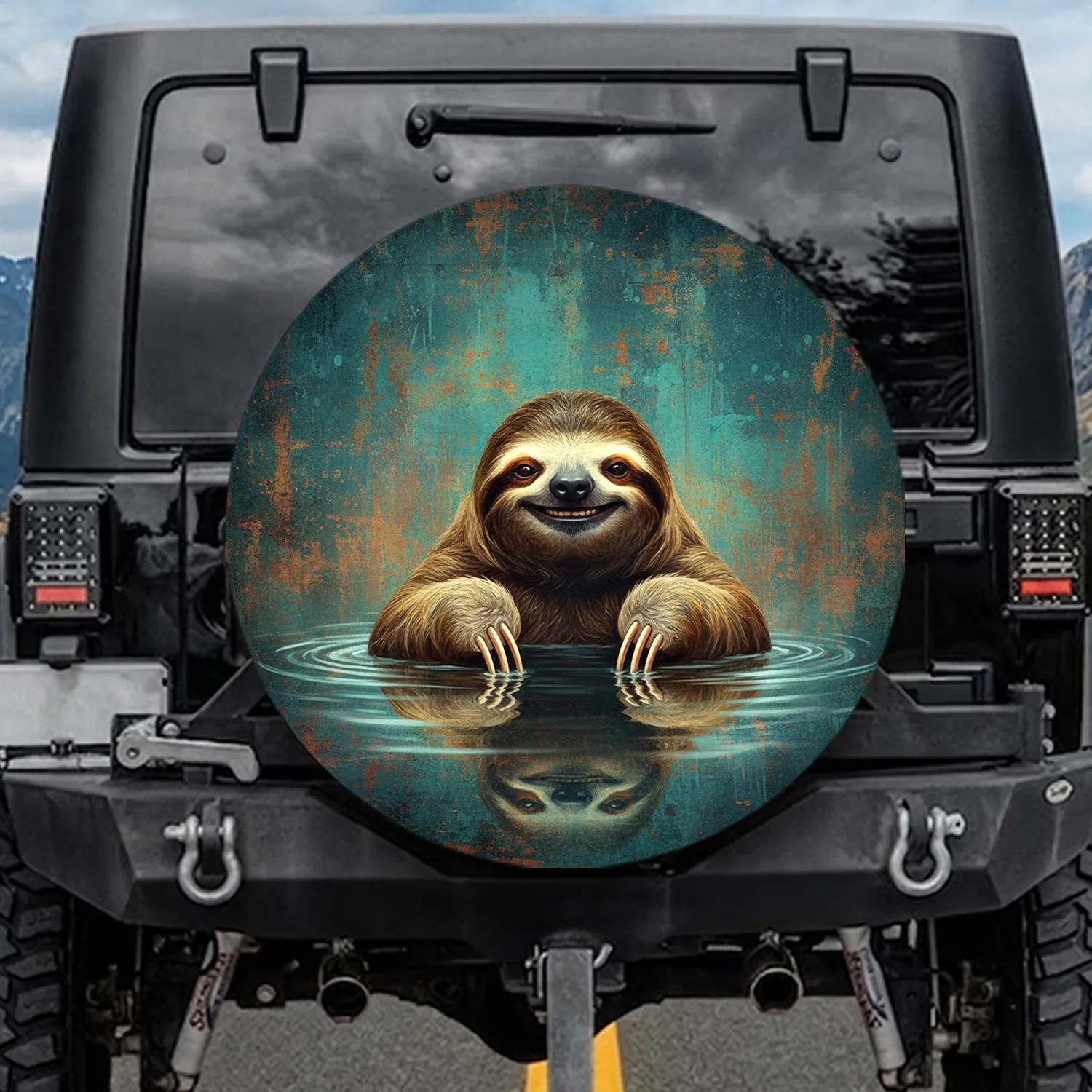 Smiling Sloth Water Rustic Patinated Teal Copper - Wildlife Lover Home Decor Gift Spare Tire Cover - 1
