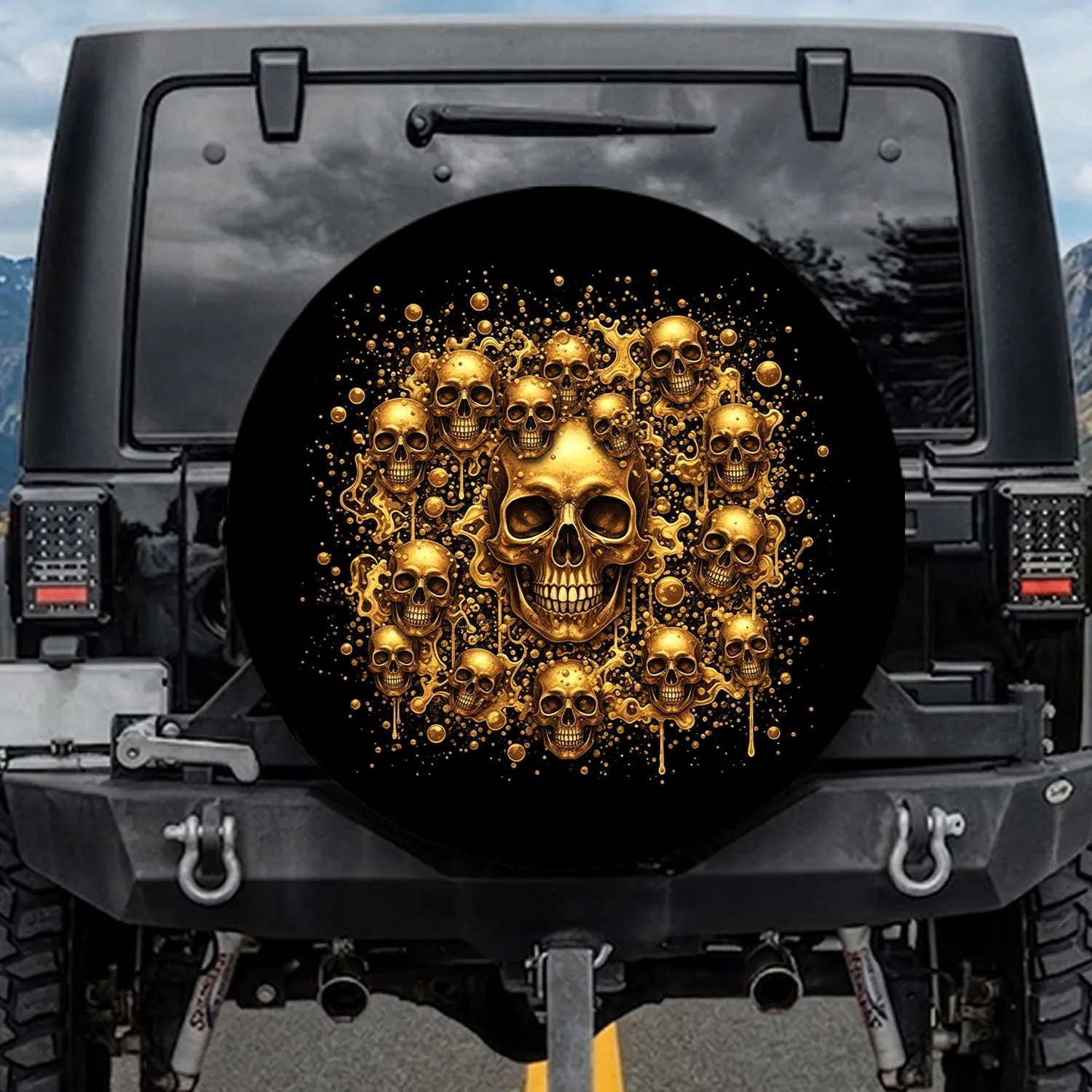 Golden Skulls Fluid Splatter Irregular Shapes Black Field - Vehicle Statement Gift Spare Tire Cover - 1
