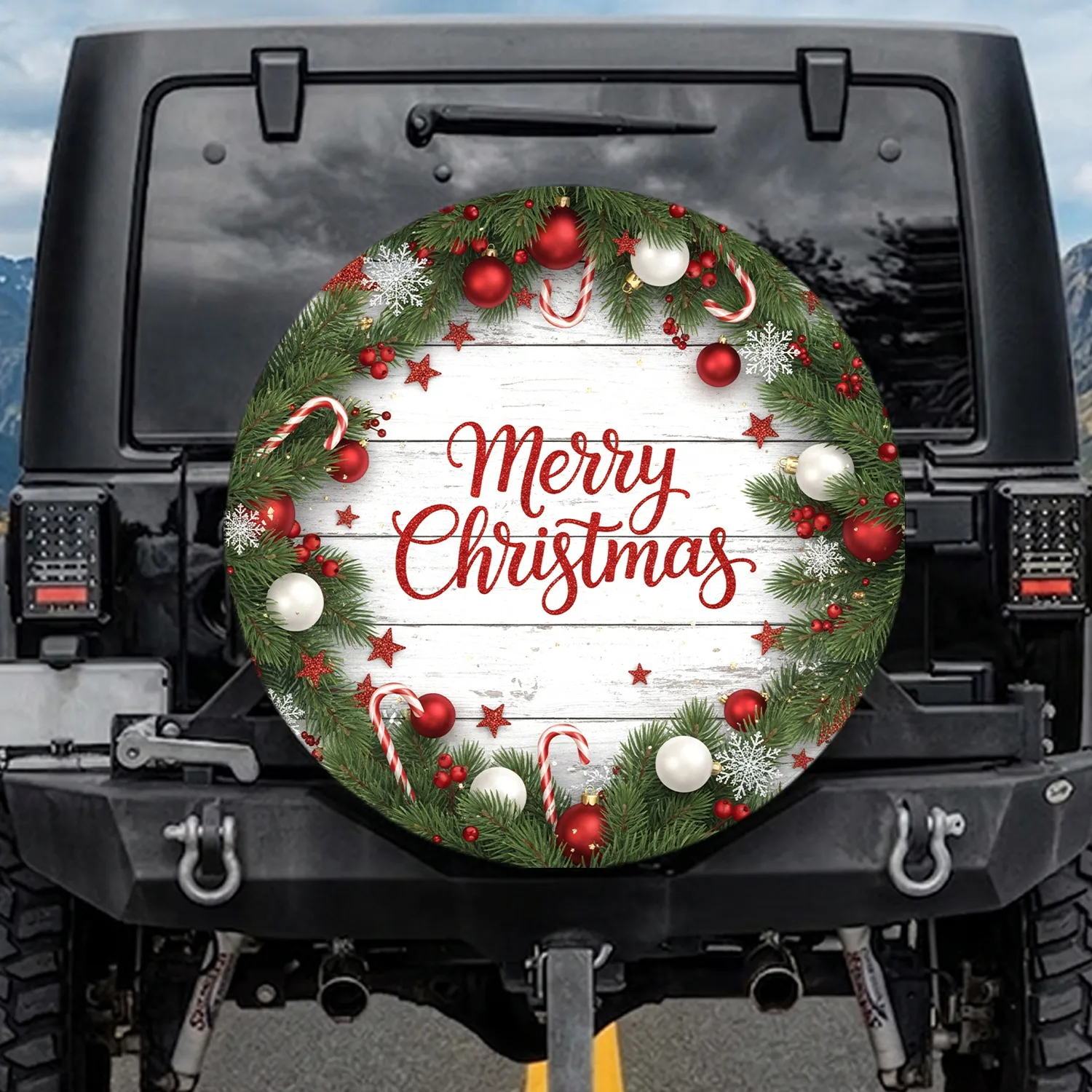 Merry Christmas Pine Wreath Holiday Ornaments Distressed Wood - Christmas Gift Spare Tire Cover - 1