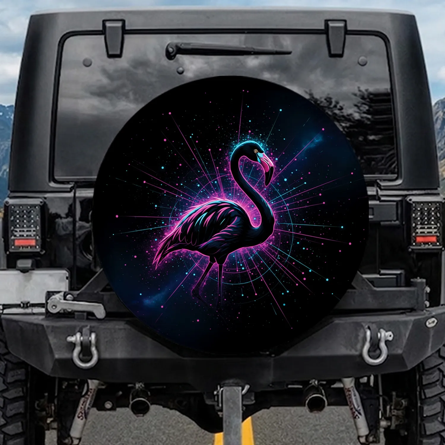 Black Flamingo Cosmic Dust Geometric Lines Nebula Void - Wildlife Lover Gift Spare Tire Cover - 1