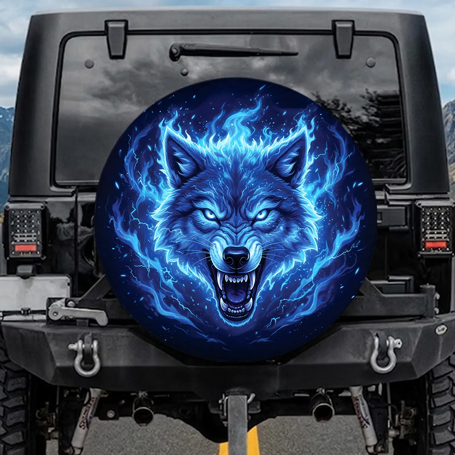Snarling Wolf Blue Flame Electric Fire Tendrils Cosmic - Wildlife Outdoor Adventure Gift Spare Tire Cover - 1