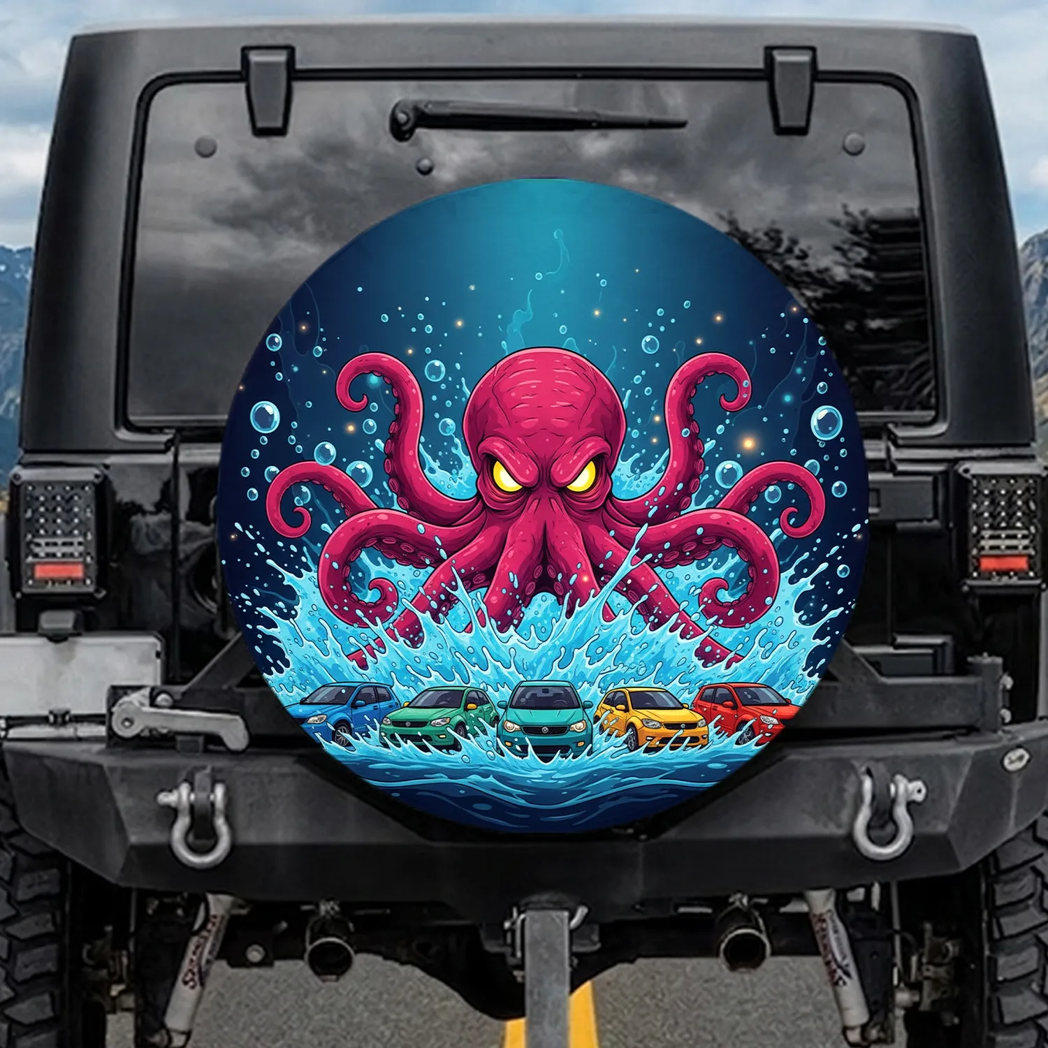 Magenta Octopus Glowing Eyes Compact Vehicles Blue Water Abyss - Underwater Adventure Gift Spare Tire Cover - 1