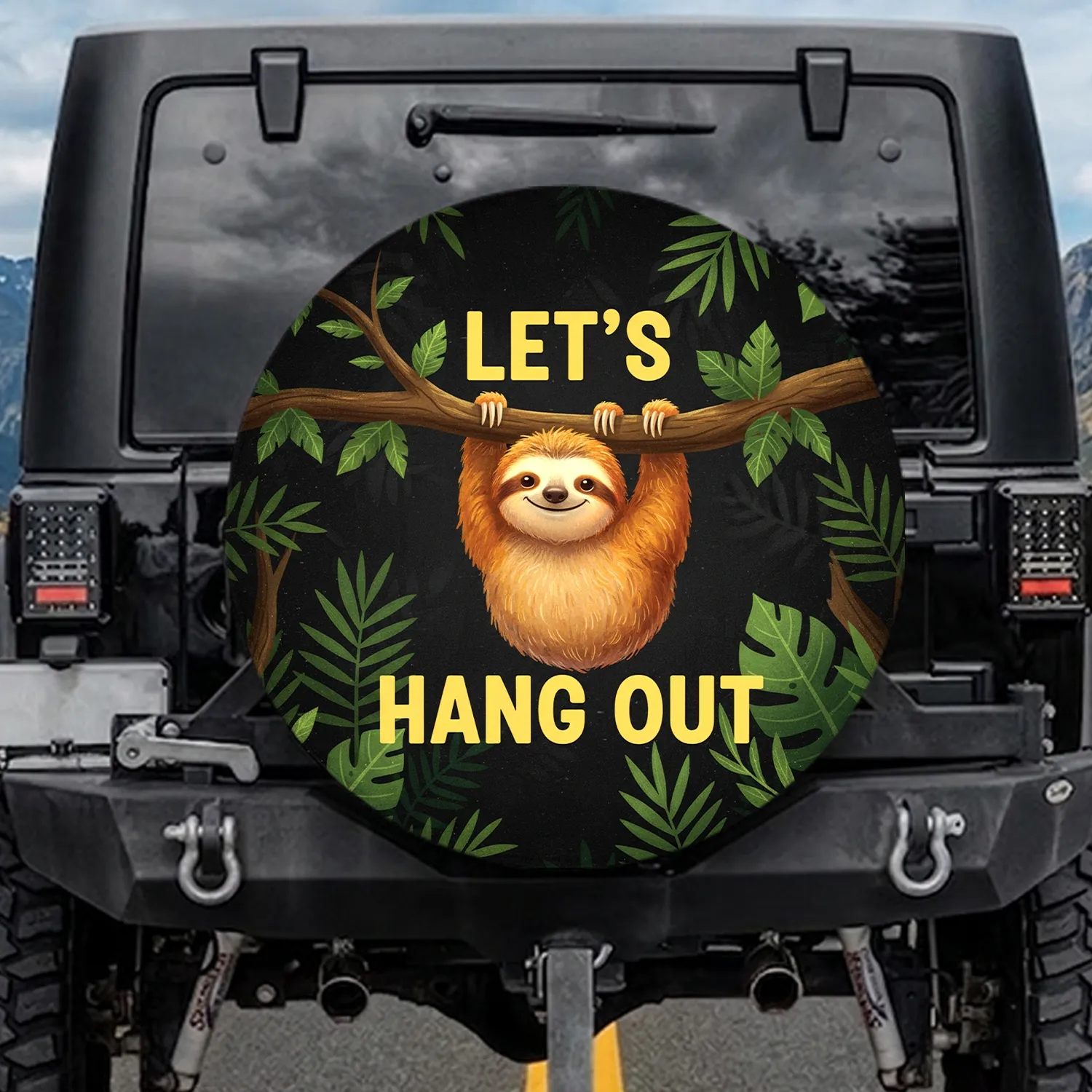 Smiling Fluffy Sloth Let's Hang Out Tropical Jungle Foliage - Wildlife Lover Gift Spare Tire Cover - 1