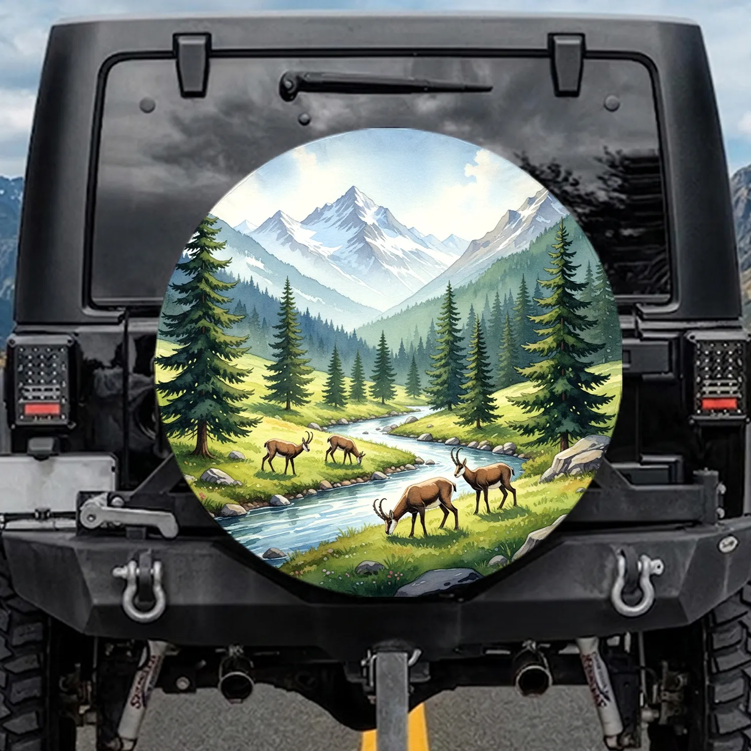 Chamois-like Grazing Animals Alpine River Green Valley - Outdoor Adventure Gift Spare Tire Cover - 1