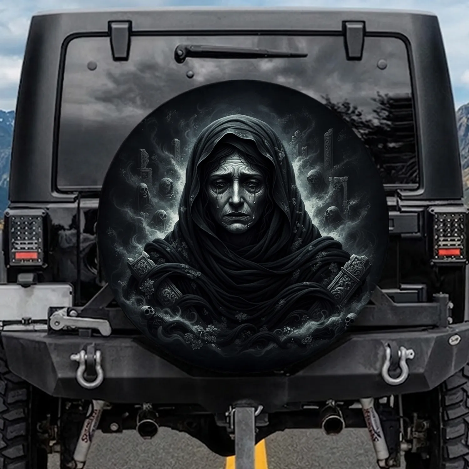 Sorrowful Aged Face Charcoal Drapery - Gothic Decor Gift Spare Tire Cover - 1