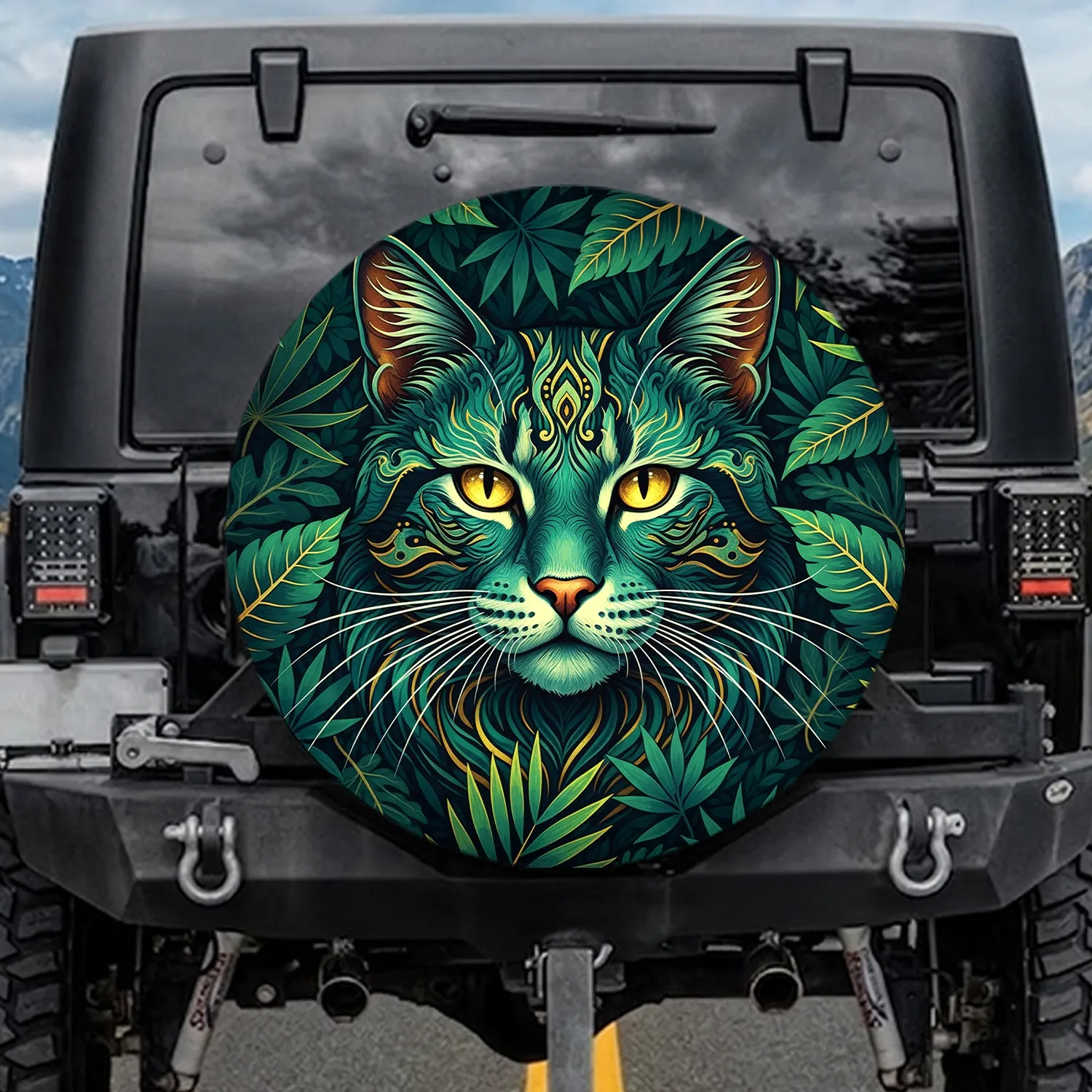 Cat Face Golden Eyes Tropical Jungle Leaves - Wildlife Lover Gift Spare Tire Cover - 1
