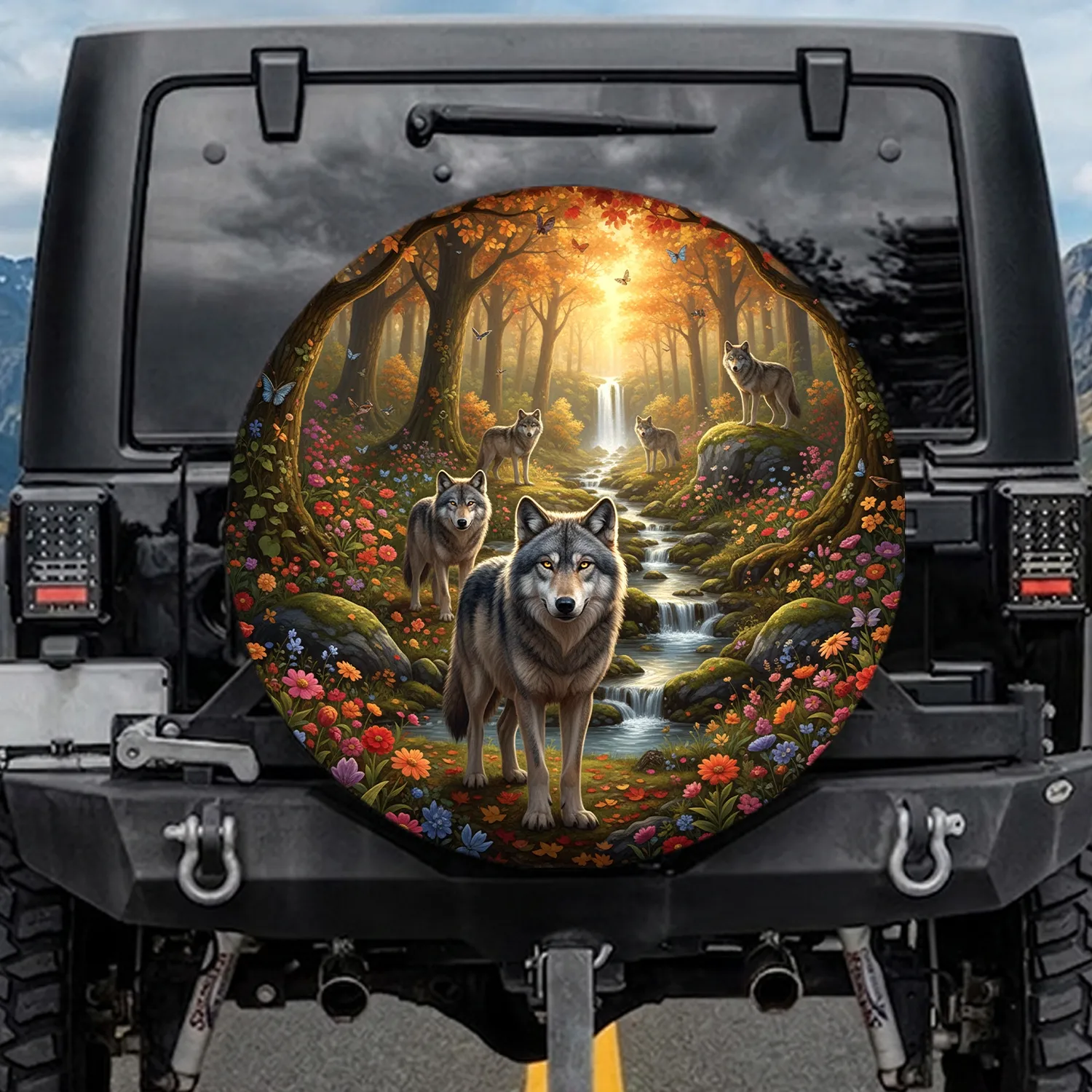 Grey Wolf Pack Wildflower Forest - Wildlife Lover Gift Spare Tire Cover - 1