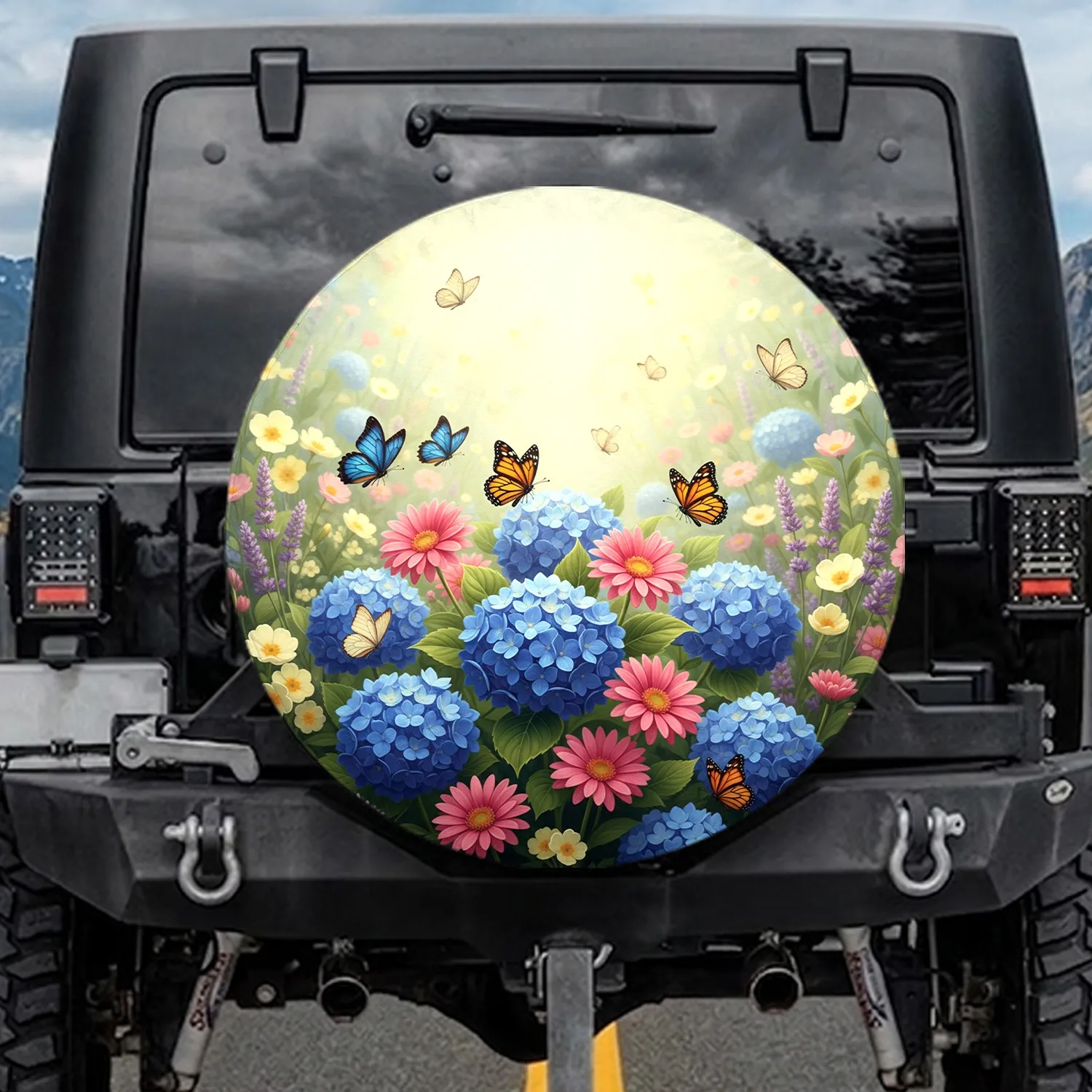 Lush Garden Blue Hydrangeas Pink Gerbera Butterflies - Home Decor Gift for Garden Lover Spare Tire Cover - 1
