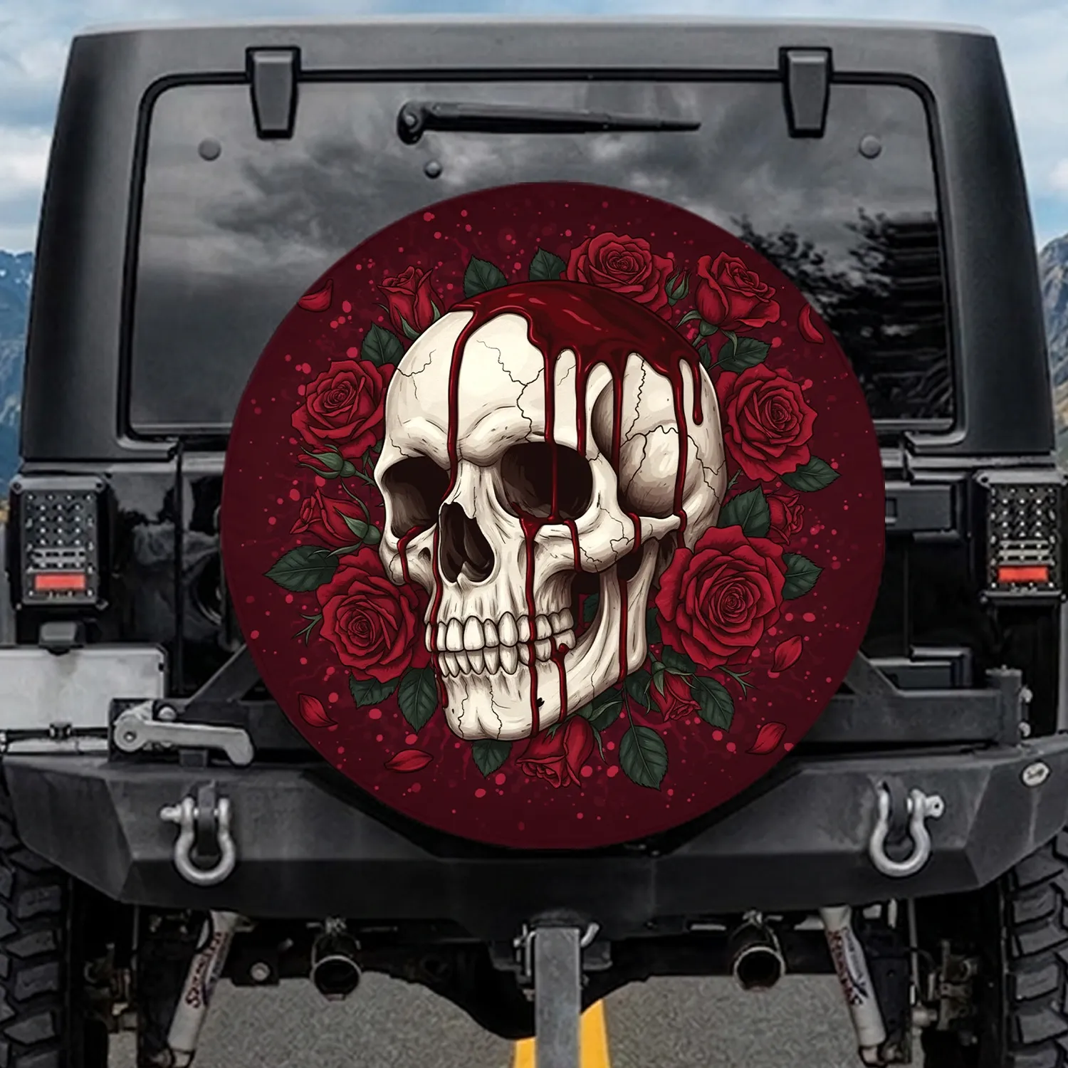 Weathered Skull Blood Drips Roses - Gothic Decor Gift for Skull Lover Spare Tire Cover - 1