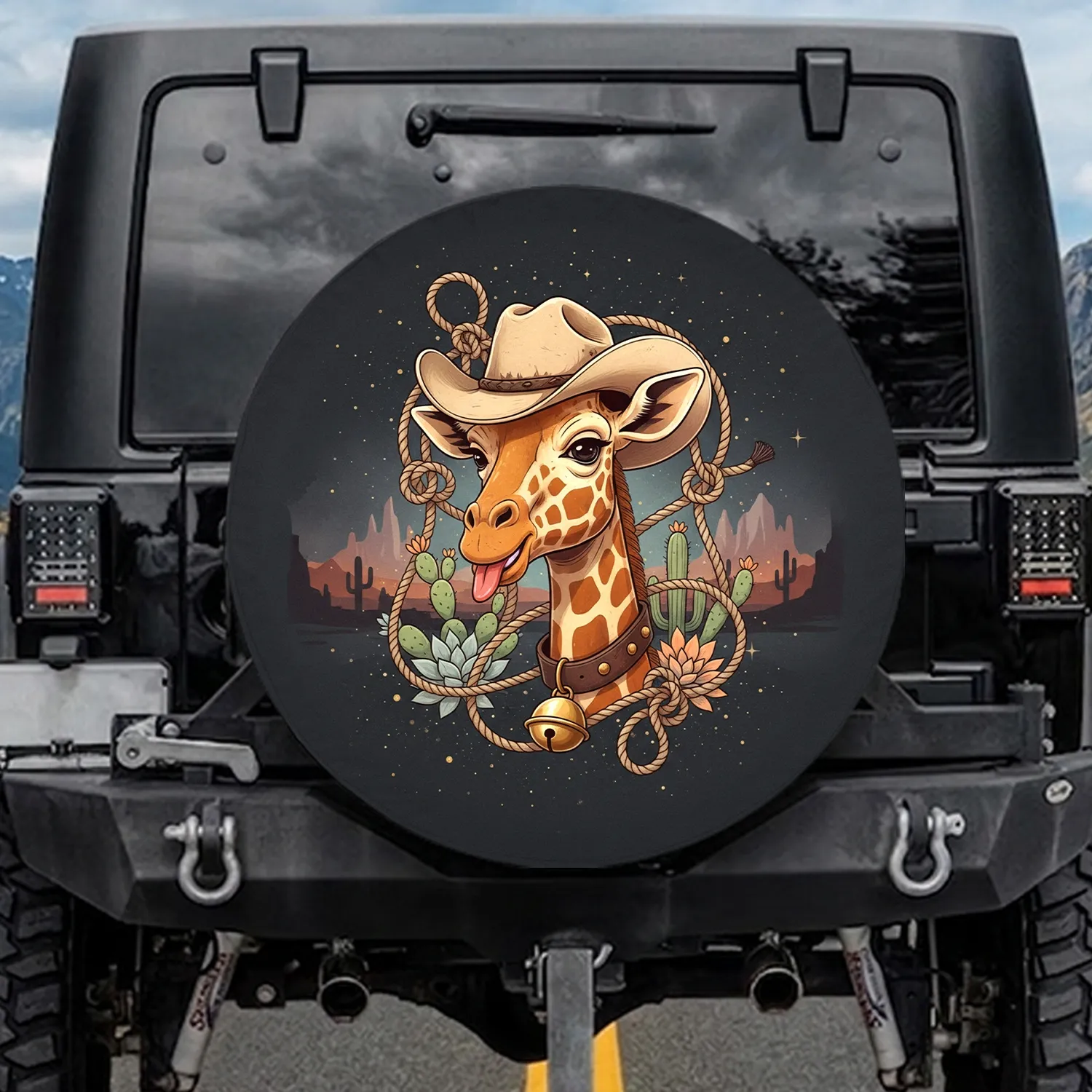 Playful Giraffe Cowboy Hat Winking Tongue Out - Western Vehicle Decor Gift Spare Tire Cover - 1